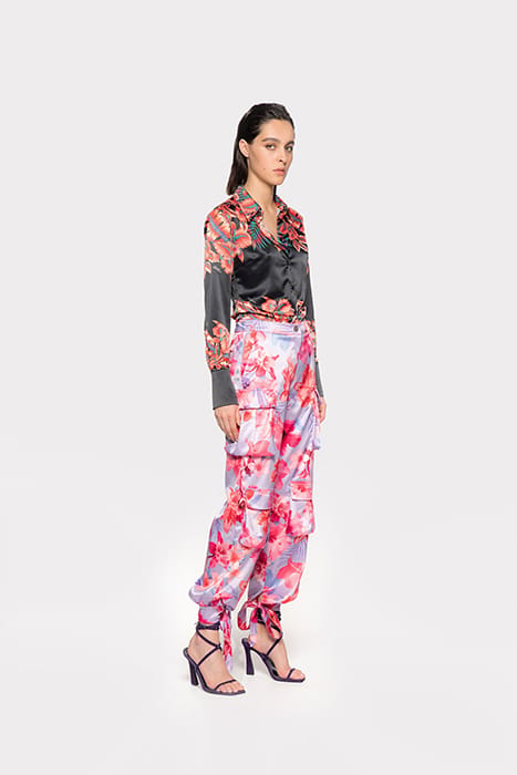 INDIOS PANTALONE SATIN STAMPA FIORI TROPICALI LILAC/PALE PIN 7