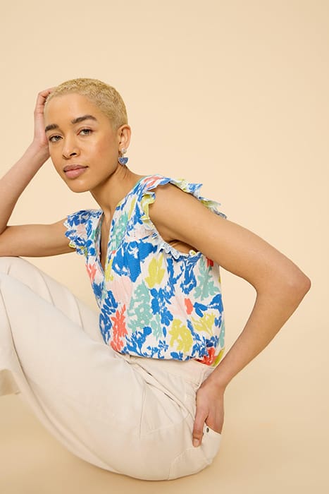 TEA WOVEN FRILL TOP WHITE PRINTED 3