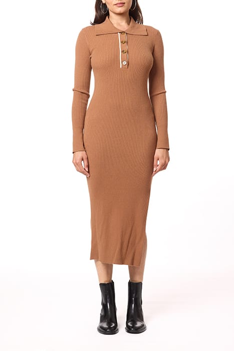 HENLEY MOCK NECK DRESS MEDIUM BROWN W/ IVORY CONTRAST 2