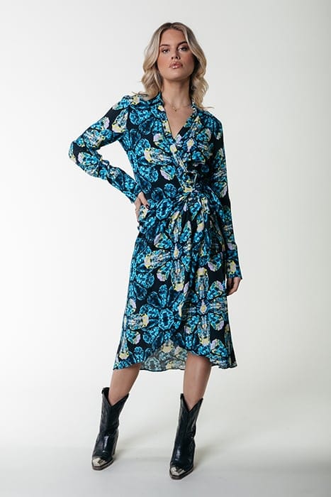 LEA DIGITAL FLOWER WRAP MIDI DRESS LS LIGHT BLUE 1