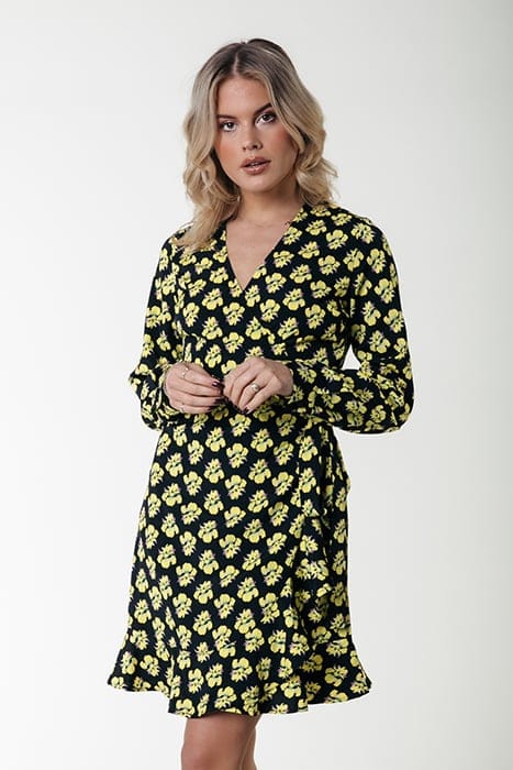 TELSI SMALL FLOWER LONG SLEEVE WRAP DRESS LS BRIGHT YELLOW 1