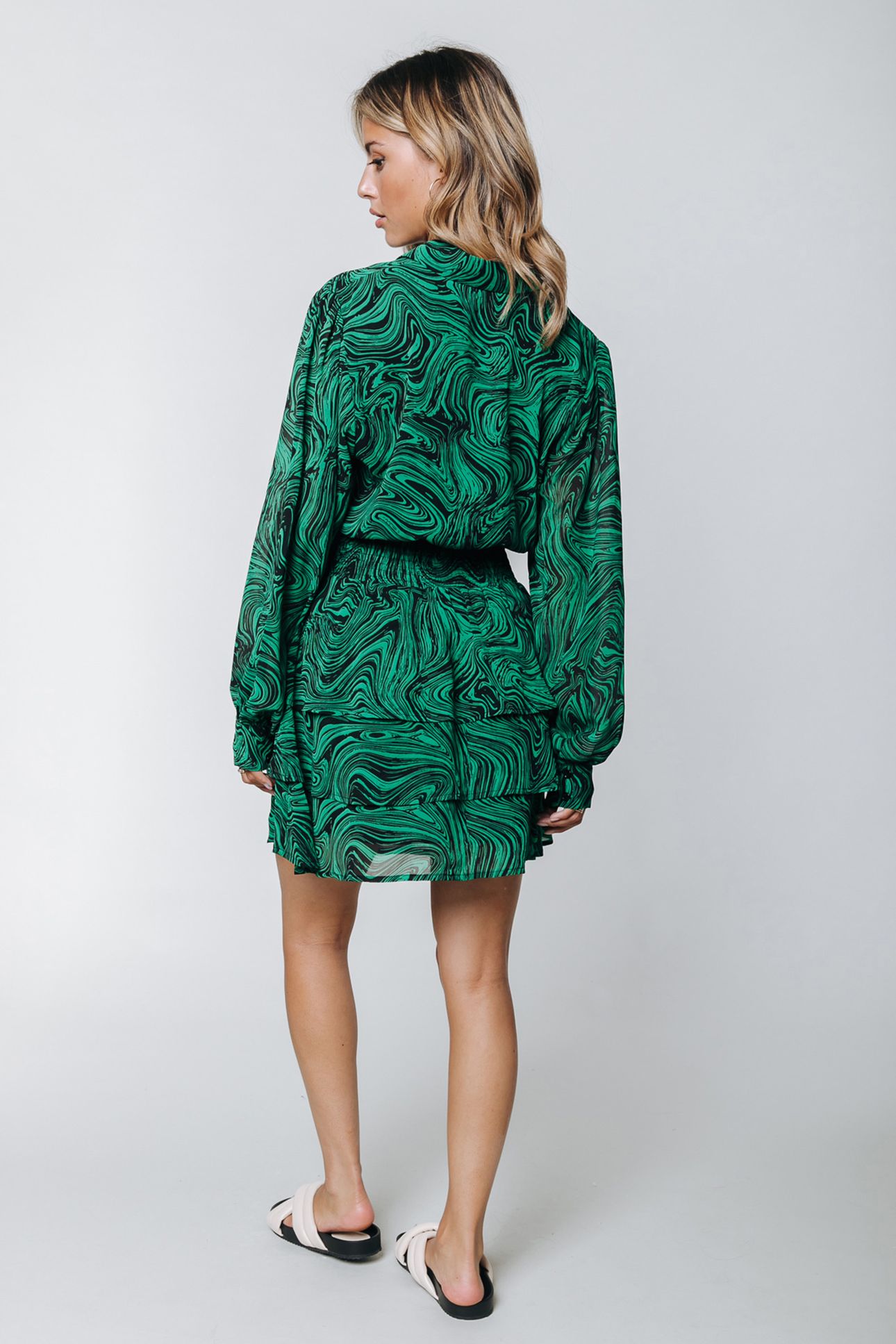 SACHA LIQUID PAINT MINI RUFFLE DRESS GREEN 2
