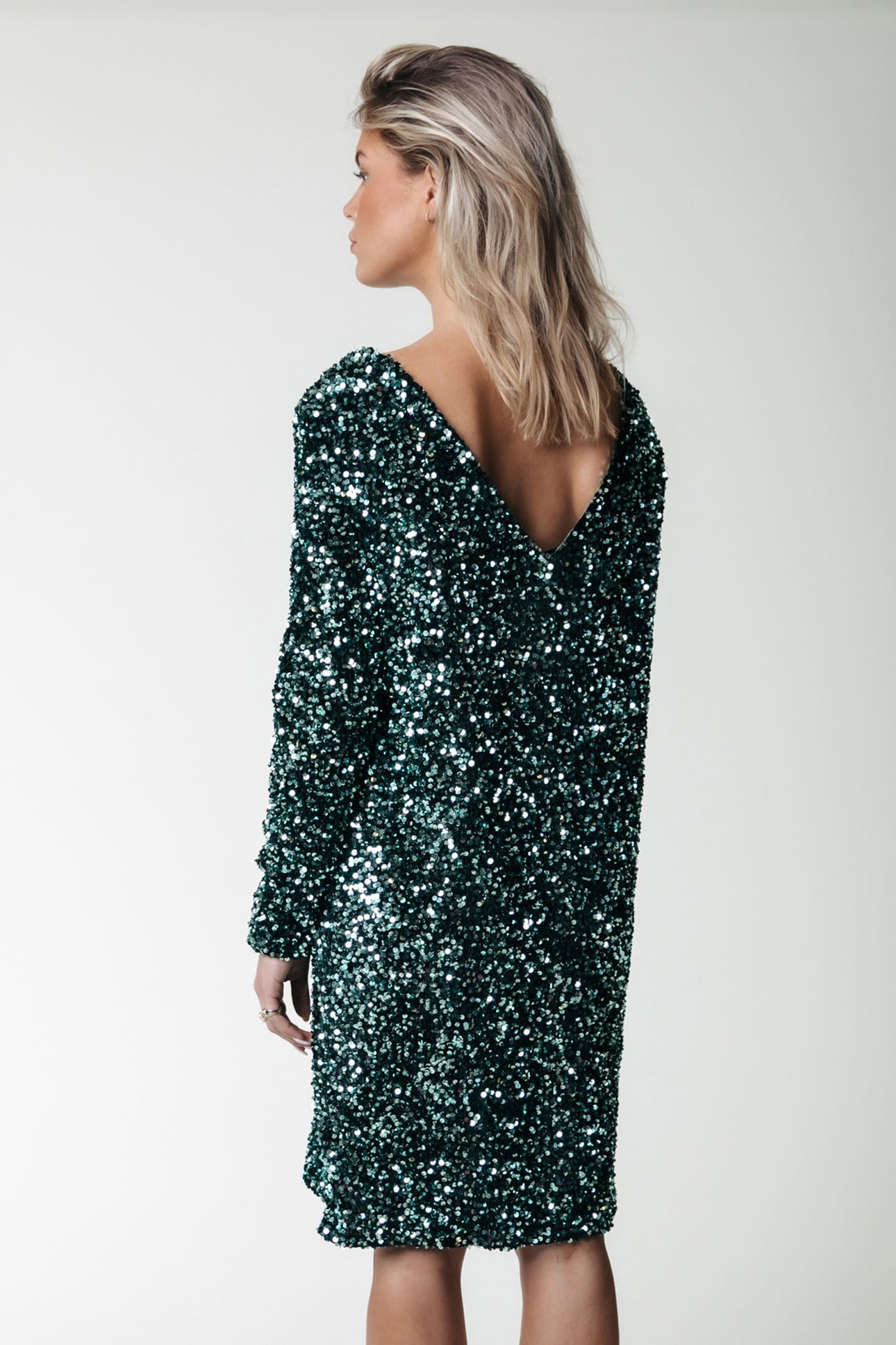 TINA SEQUINS STRAIGHT DRESS LS SCARAB GREEN 2