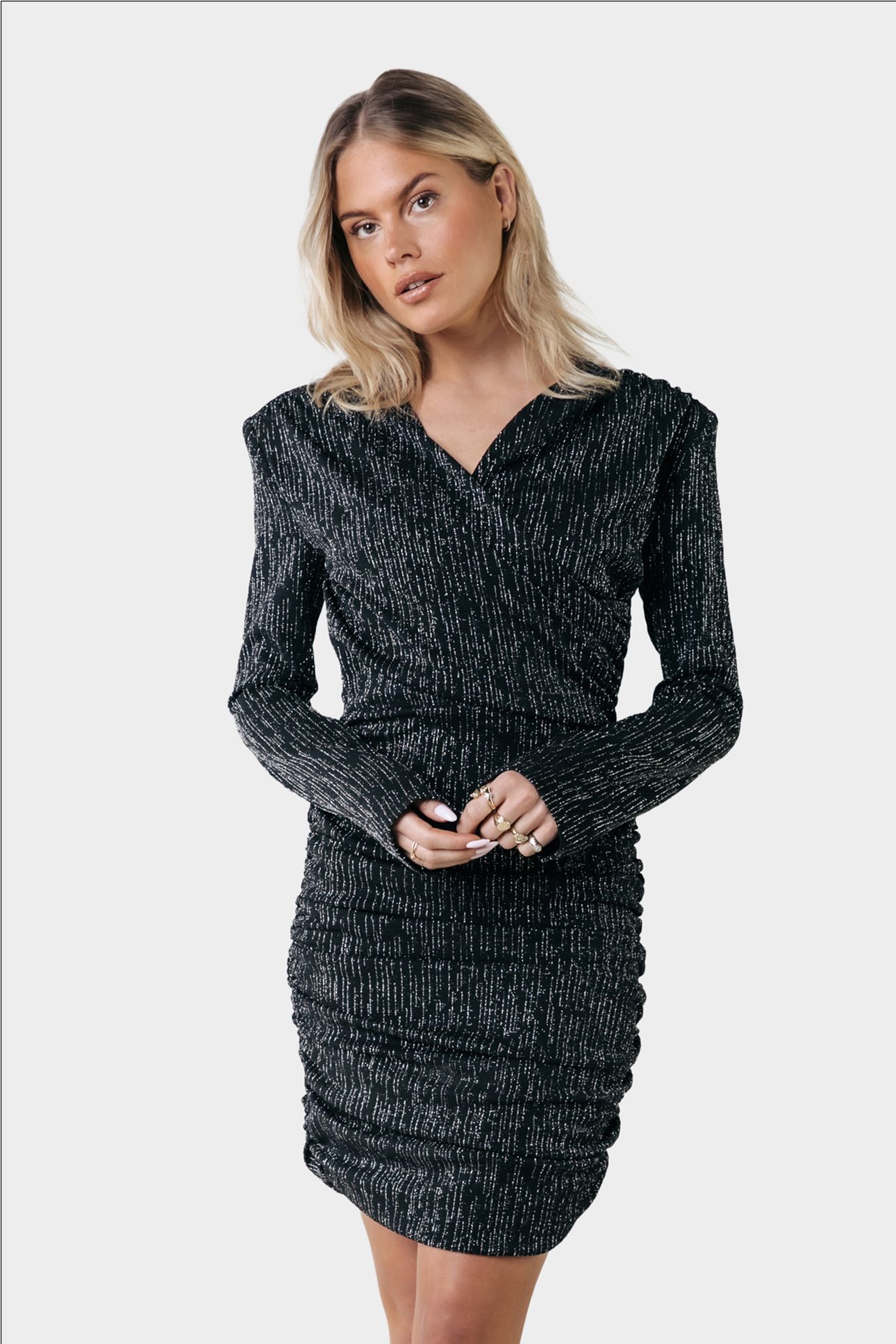 BRYSSA LUREX STRIPES PADDED DRESS LS METALLIC SILVER 1