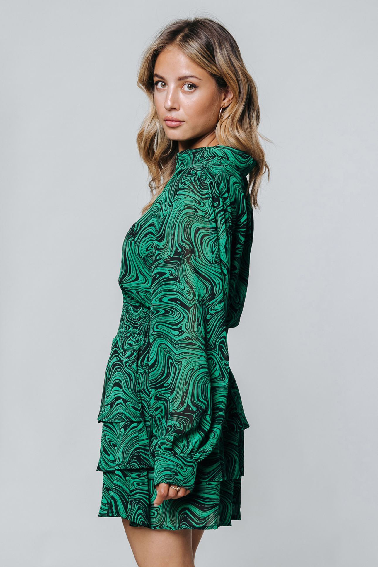 SACHA LIQUID PAINT MINI RUFFLE DRESS GREEN 3