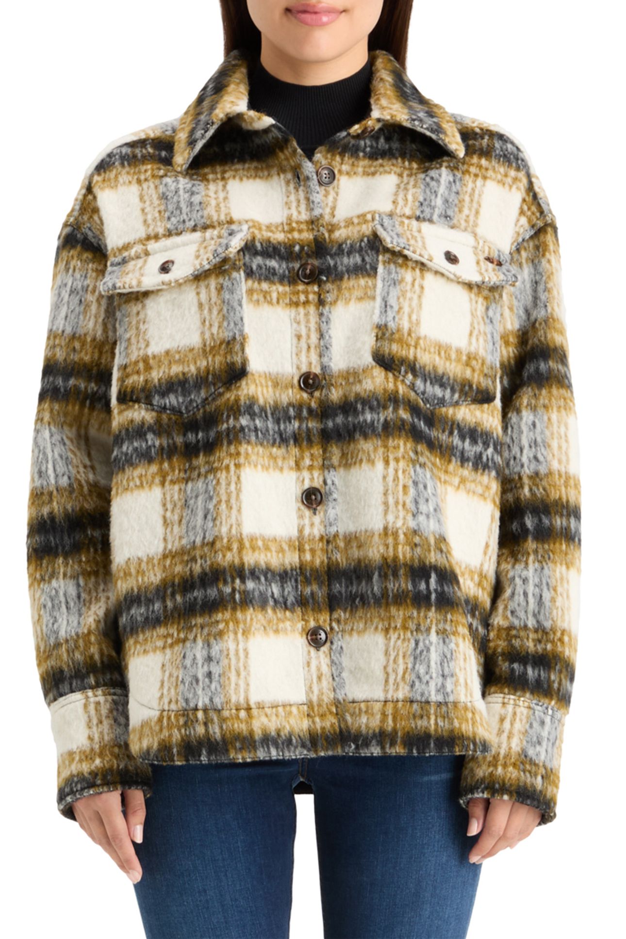 BRUSHED CHECK WOOL MIX SHIRT JACKET OLIVE CHECK 1