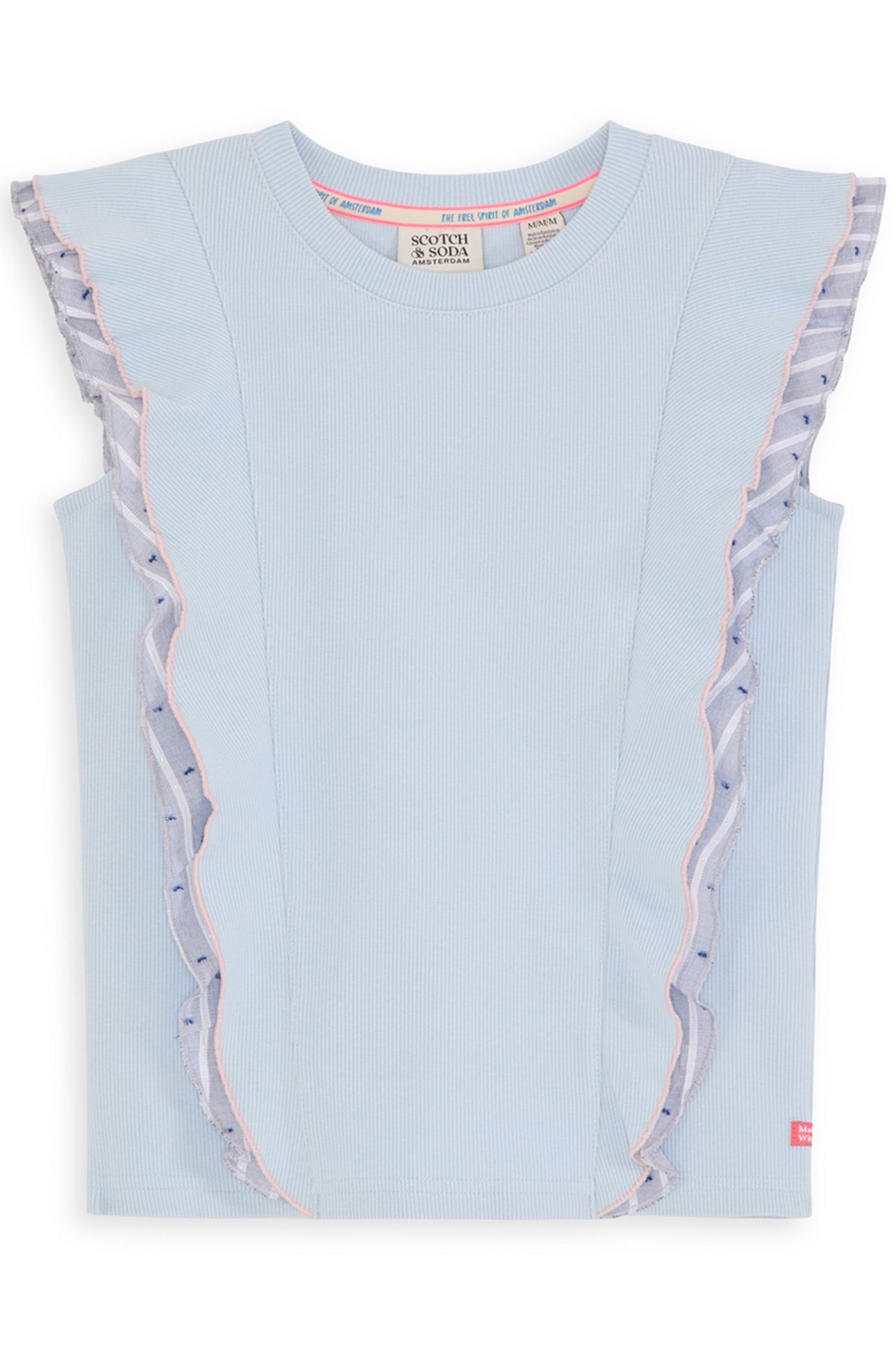 S&S GIRLS DENIM GROUP Y/D RIB RUFFLE FASHION TOP LT BLUE/PAS 1