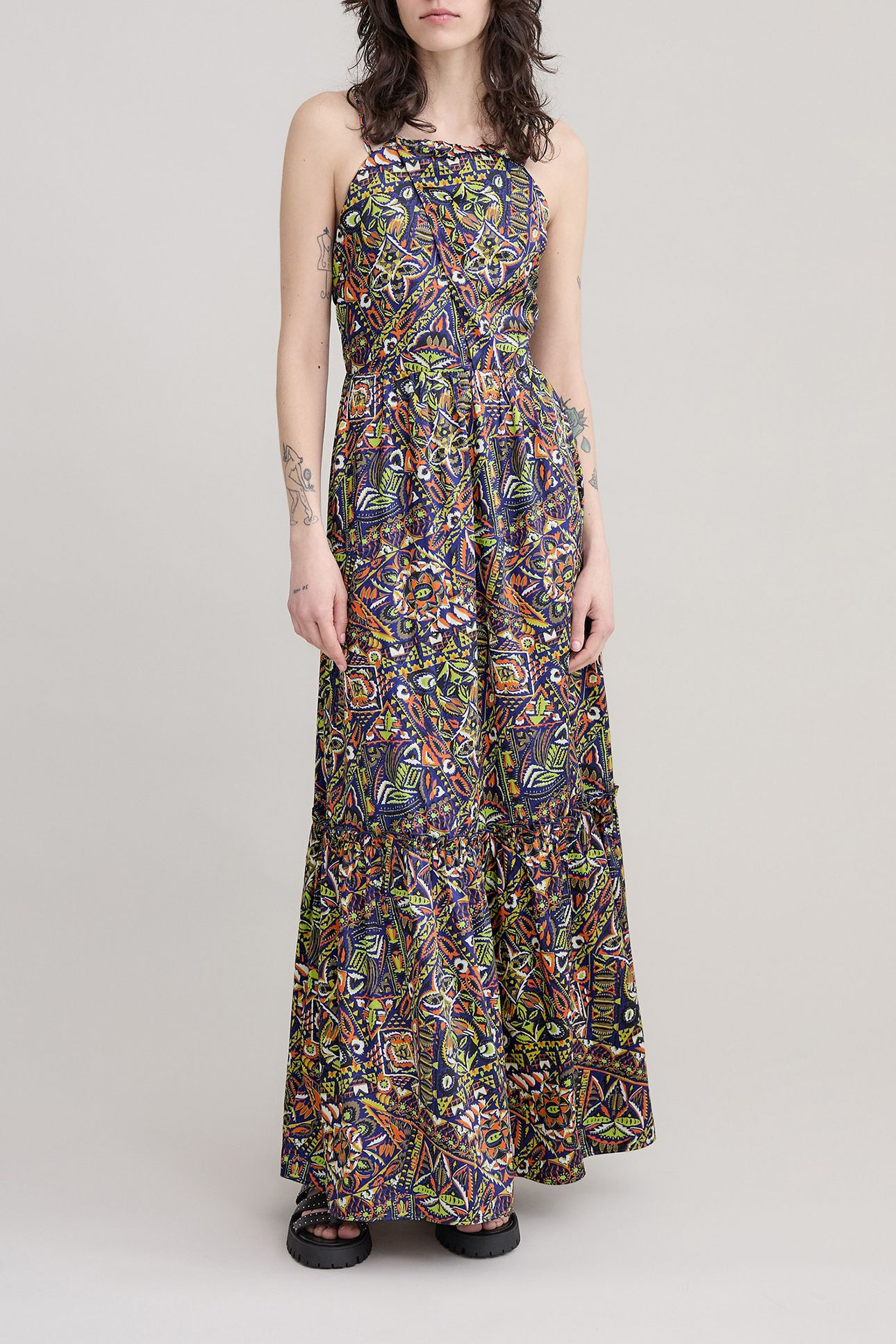 BLUE RECYCLED POLYESTER ETHNIC GRAPHIC DRESS 1