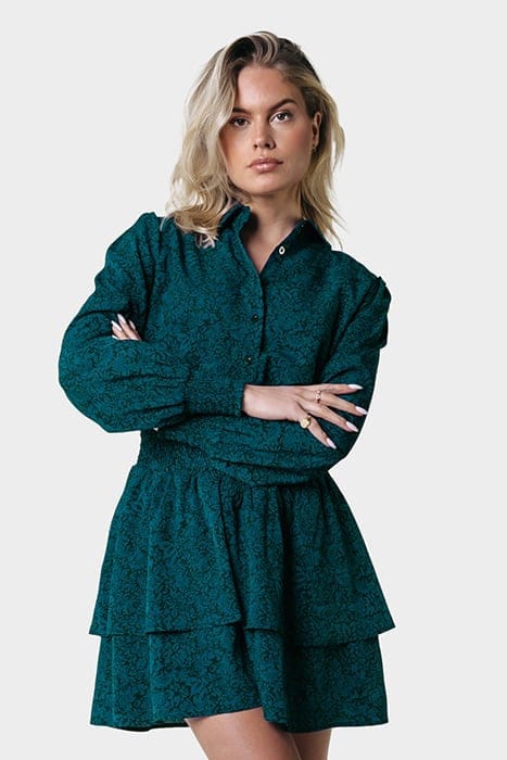 SACHA FLORAL RUFFLE DRESS LS DEEP TEAL 1