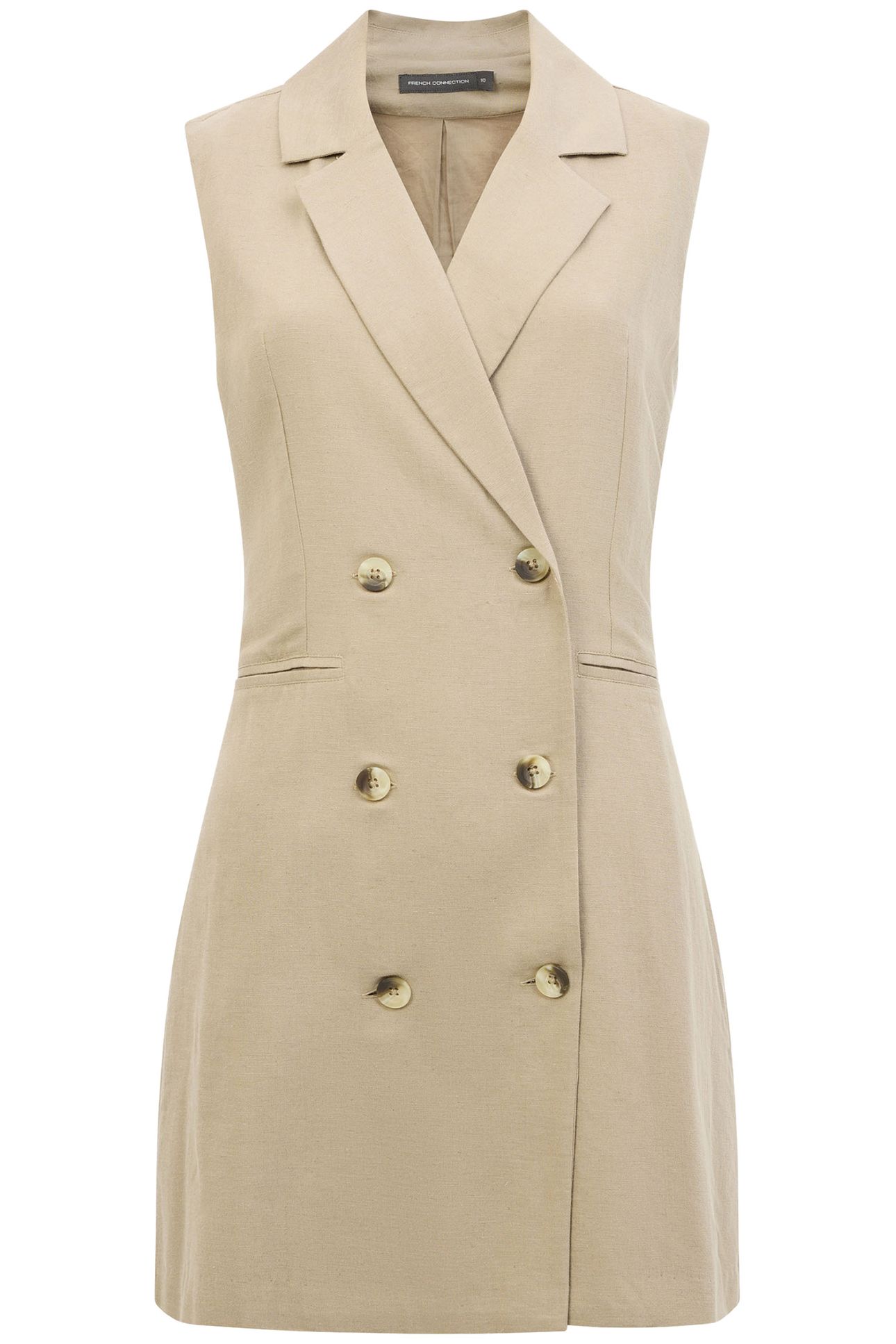 LINEN SLEVELESS BLAZER DRESS TAN 4