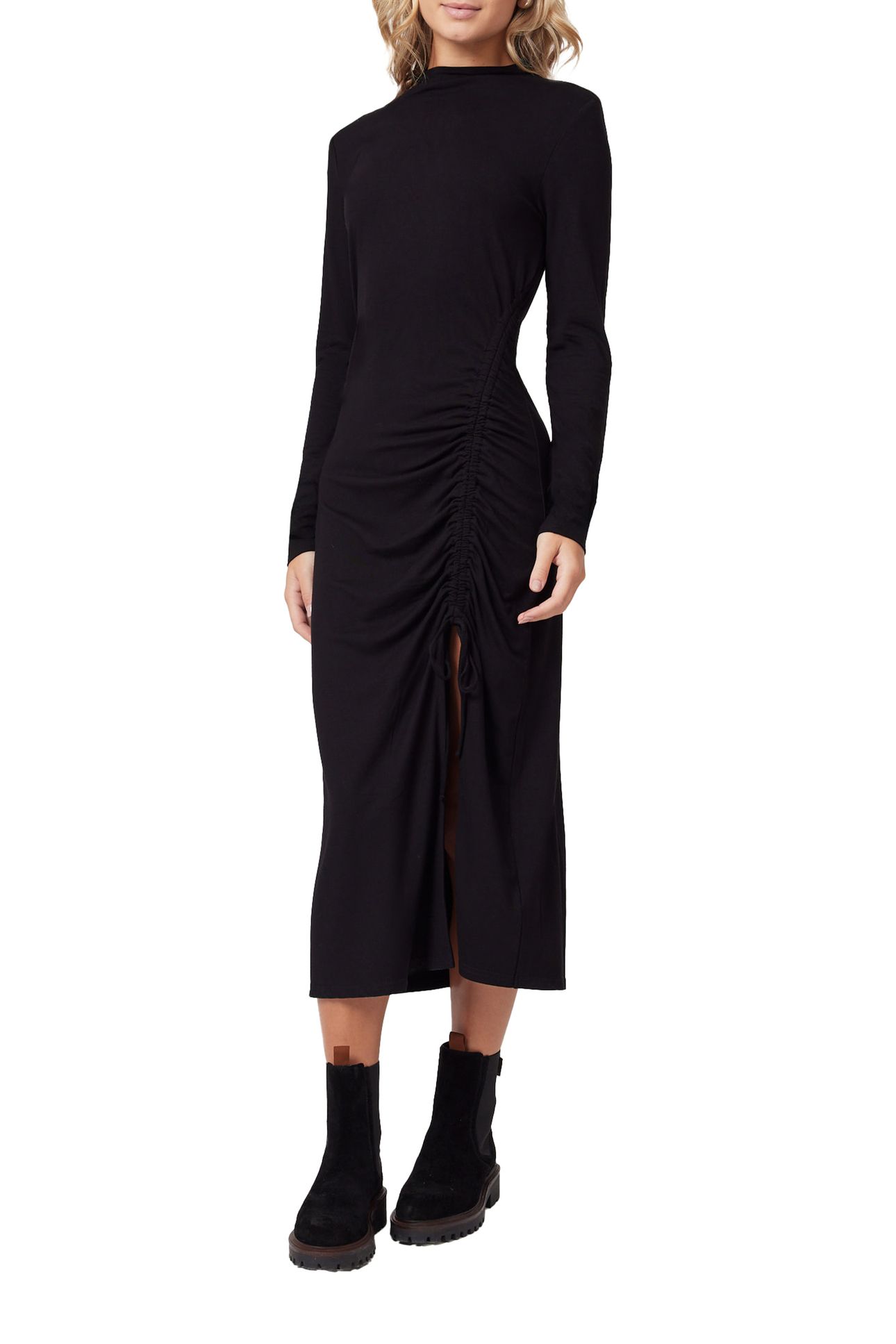 ASYMETRIC RUCHED FRONT LS DRESS BLACK 1