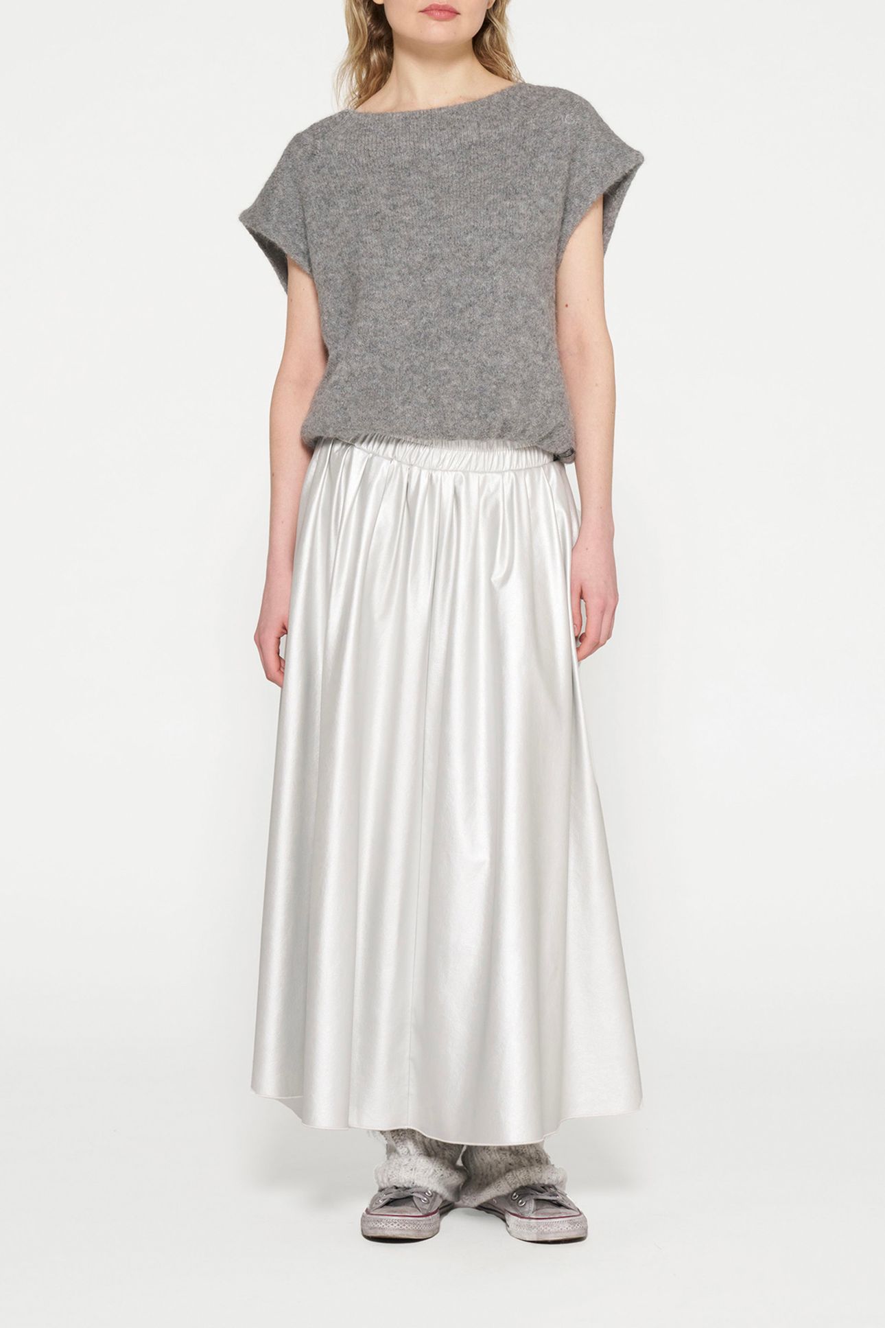 LEATHER LOOK PLEATED SKIRT SILVER 2