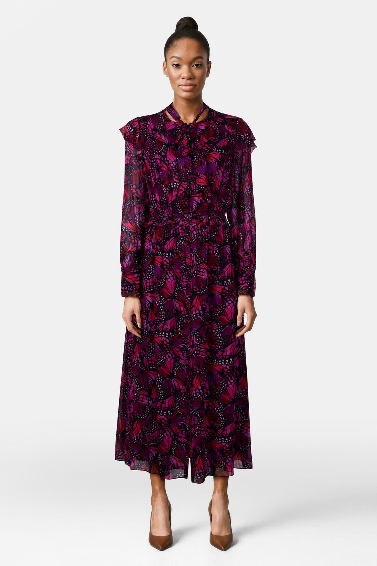 LONG BUTTONED DRESS WITH LAVALIERE COLLAR PINK 1