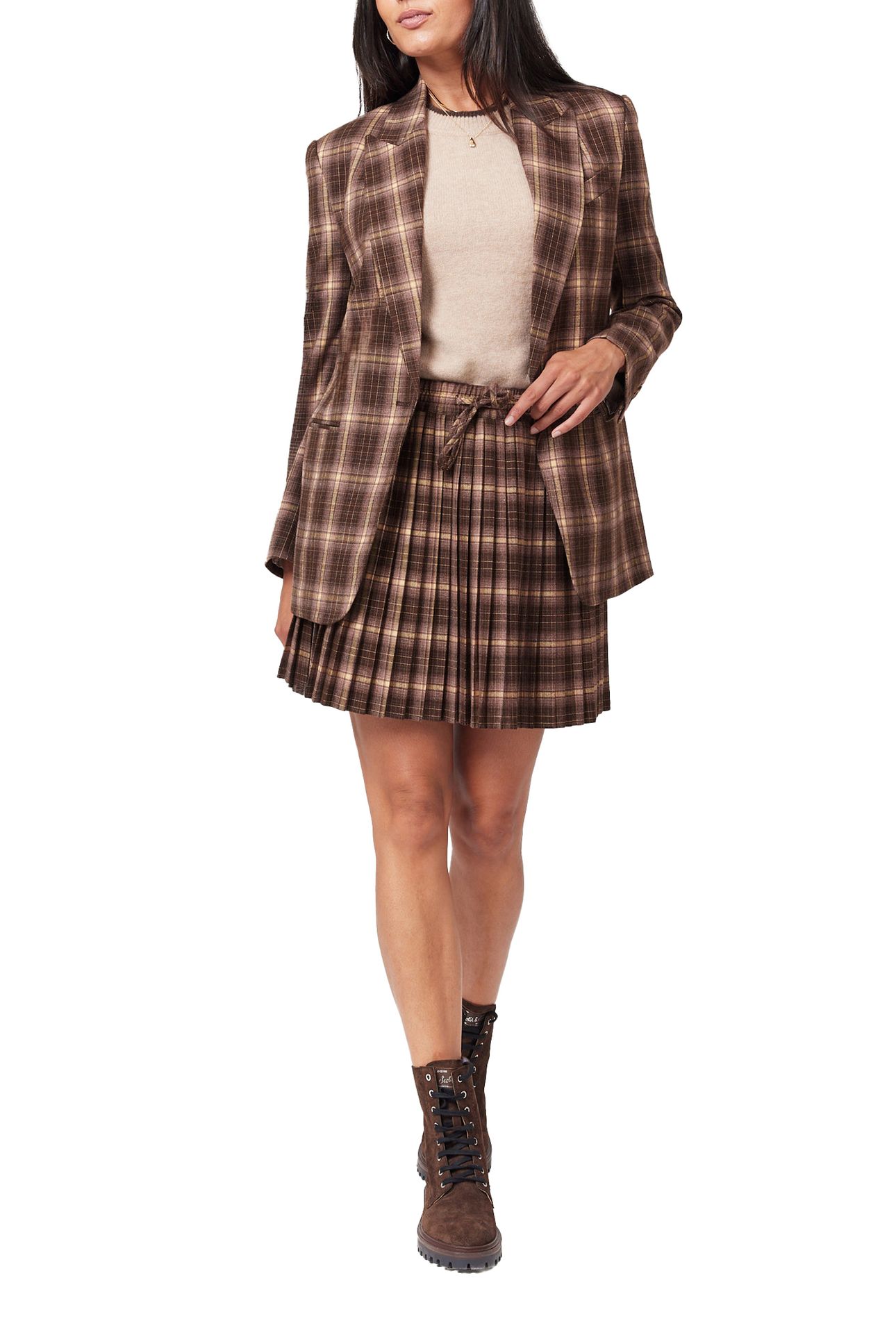 SNGL BREASTED BOYFRIEND BLAZER BROWN/ BURLWOOD PLAID 3