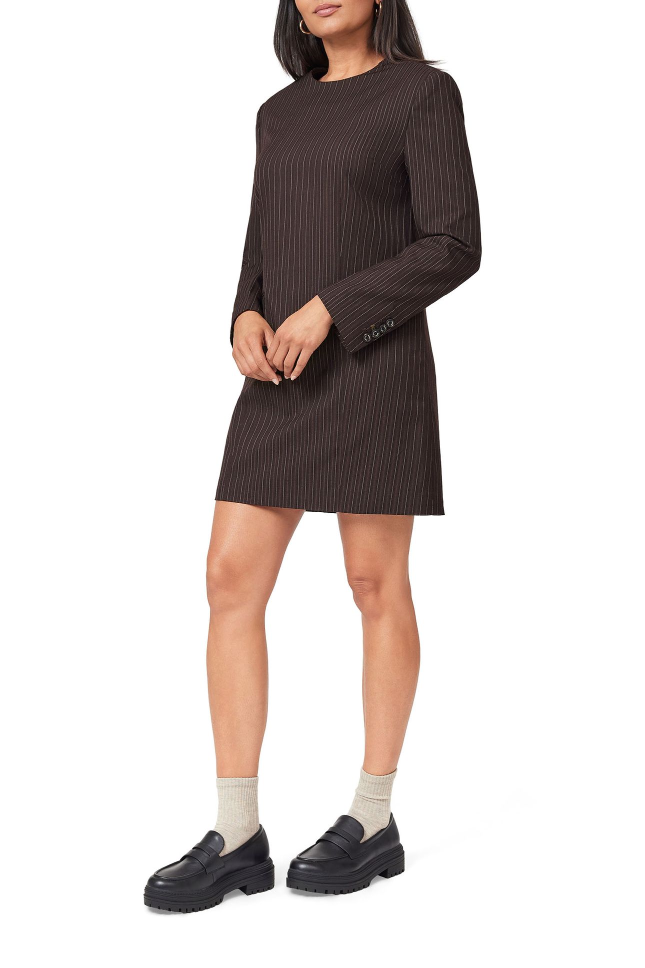 TAILORED SHIFT DRESS BROWN PINSTRIPE 3