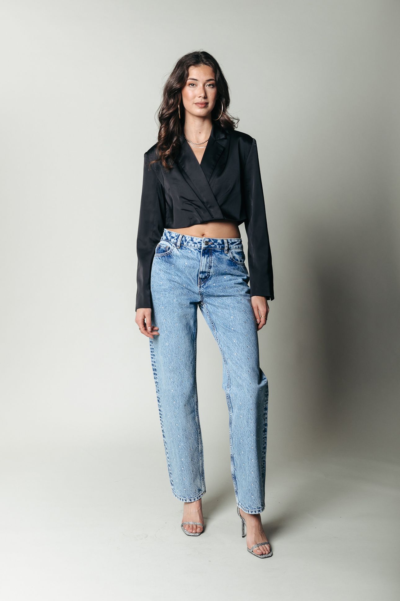 JONES RHINESTONE MID RISE STRAIGHT LEG DENIM PANTS MID BLUE 1