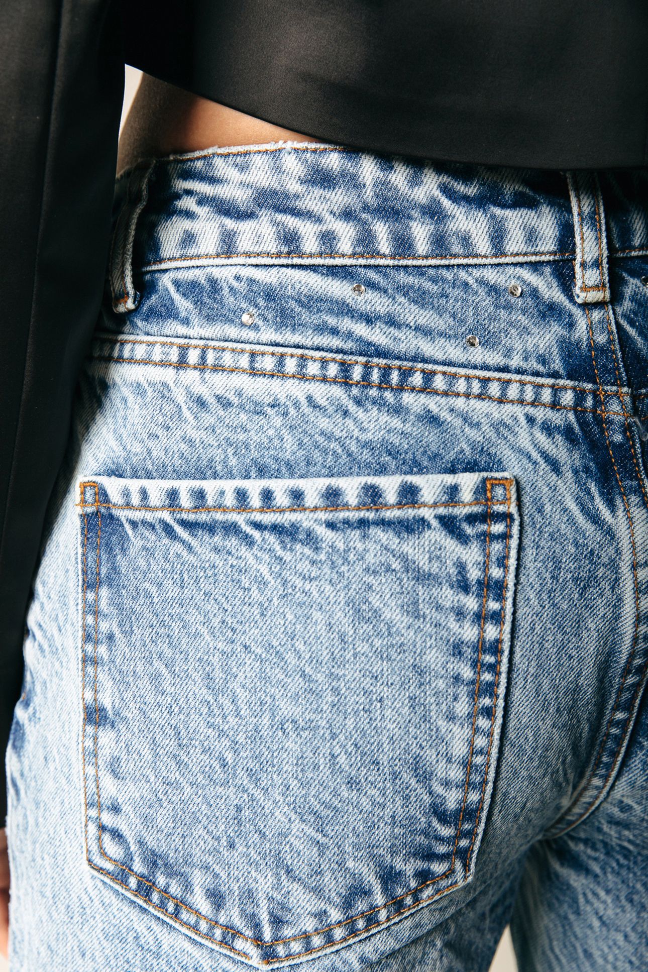JONES RHINESTONE MID RISE STRAIGHT LEG DENIM PANTS MID BLUE 5