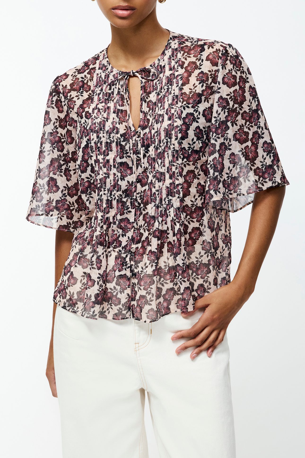 ELYSE HALLIE CRINKLE SS TOP BLUSH PINK FLORAL 2