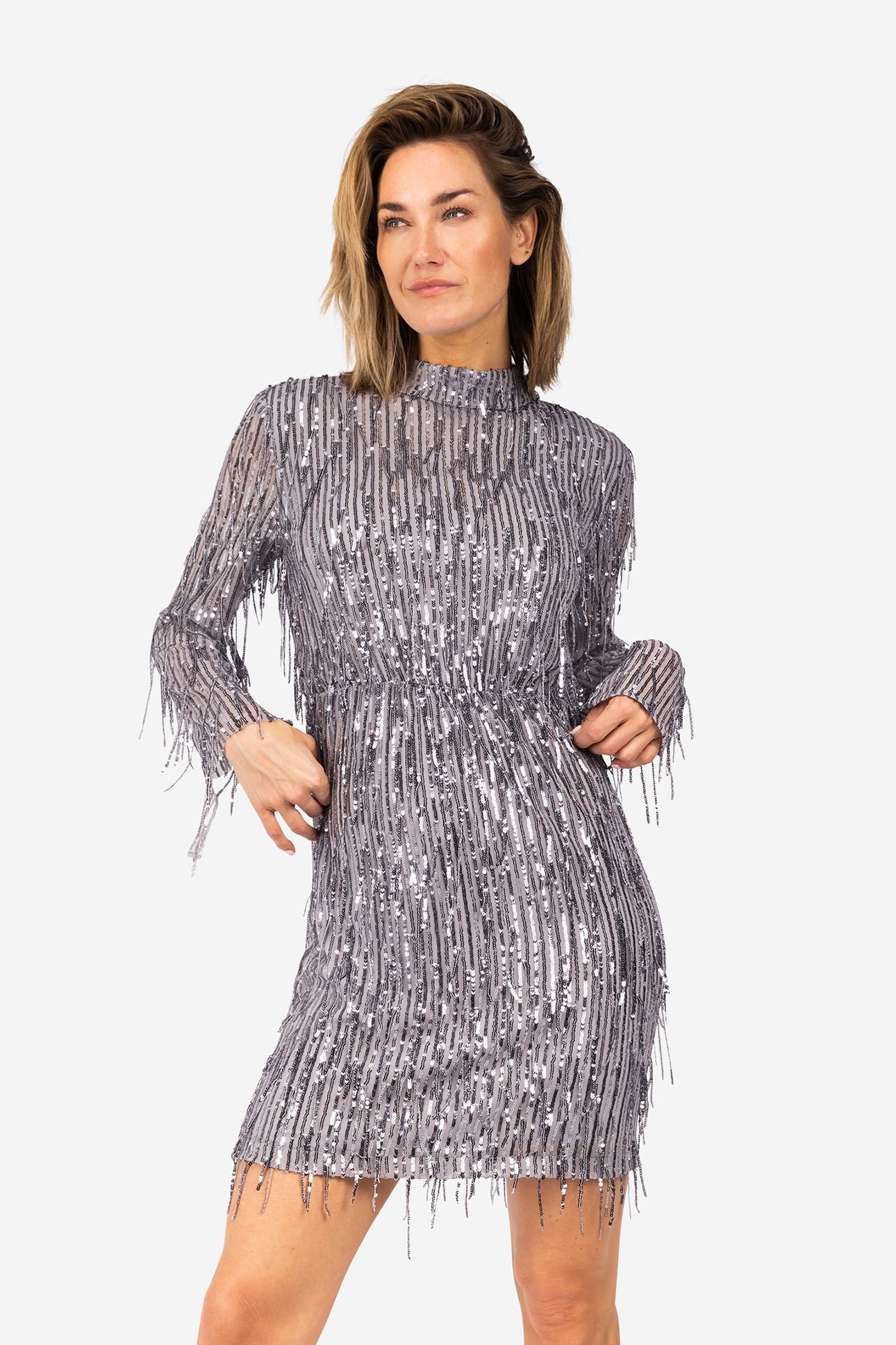 FRASY - PARTY DRESSES GREY FRINGED 1