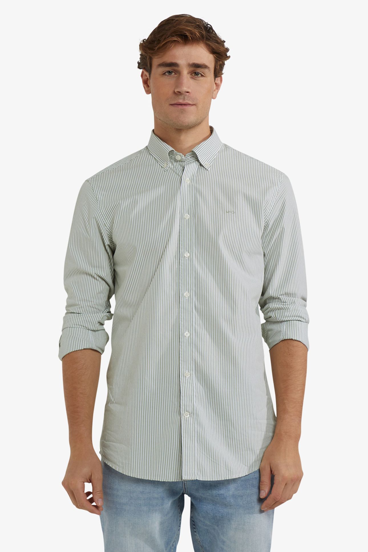 POPLIN STRIPE PEACHED SHIRT MOSS GREEN 1