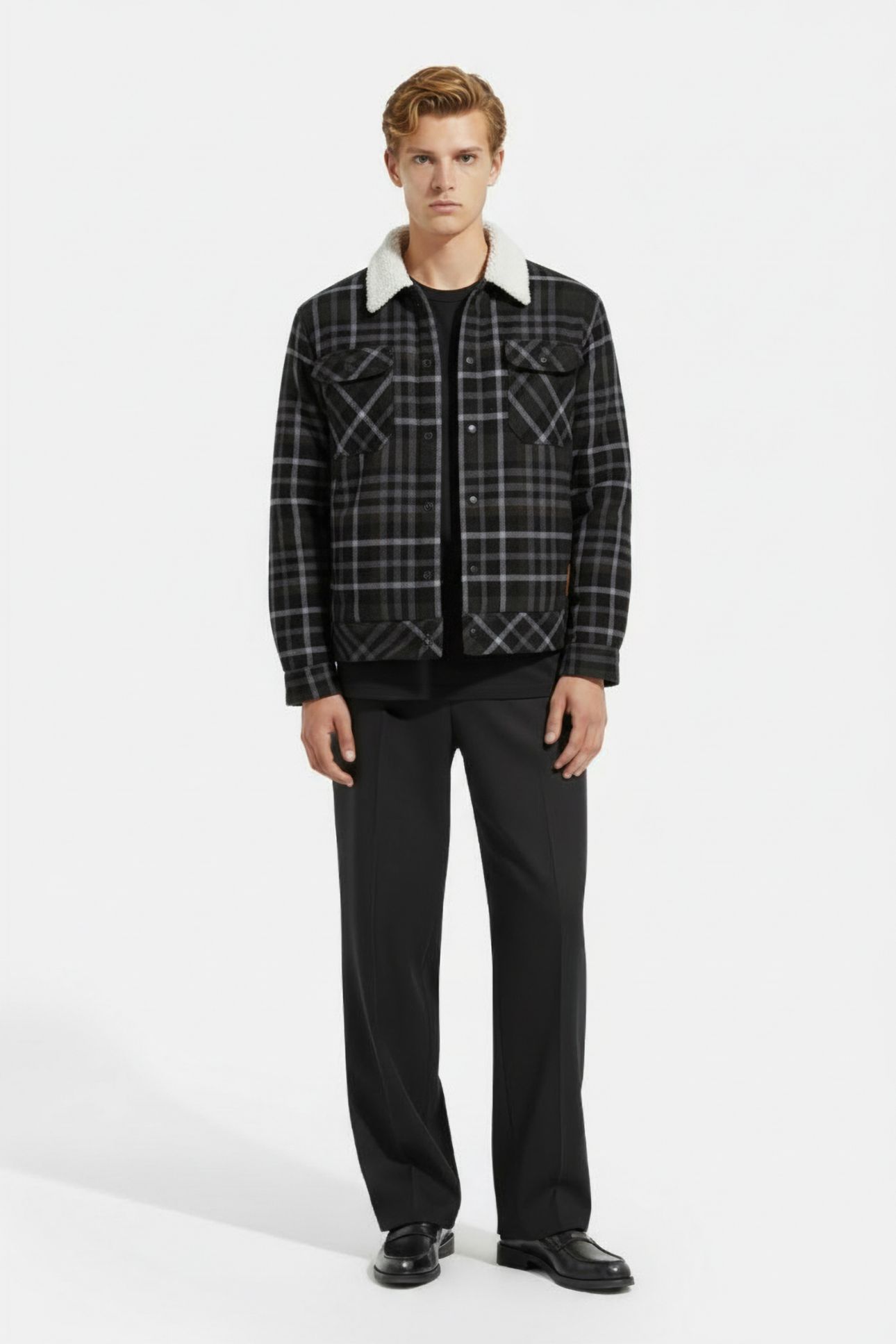SHERPA LINED PLAID FLANNEL EISENHOWER JACKET BLACK GREY 1