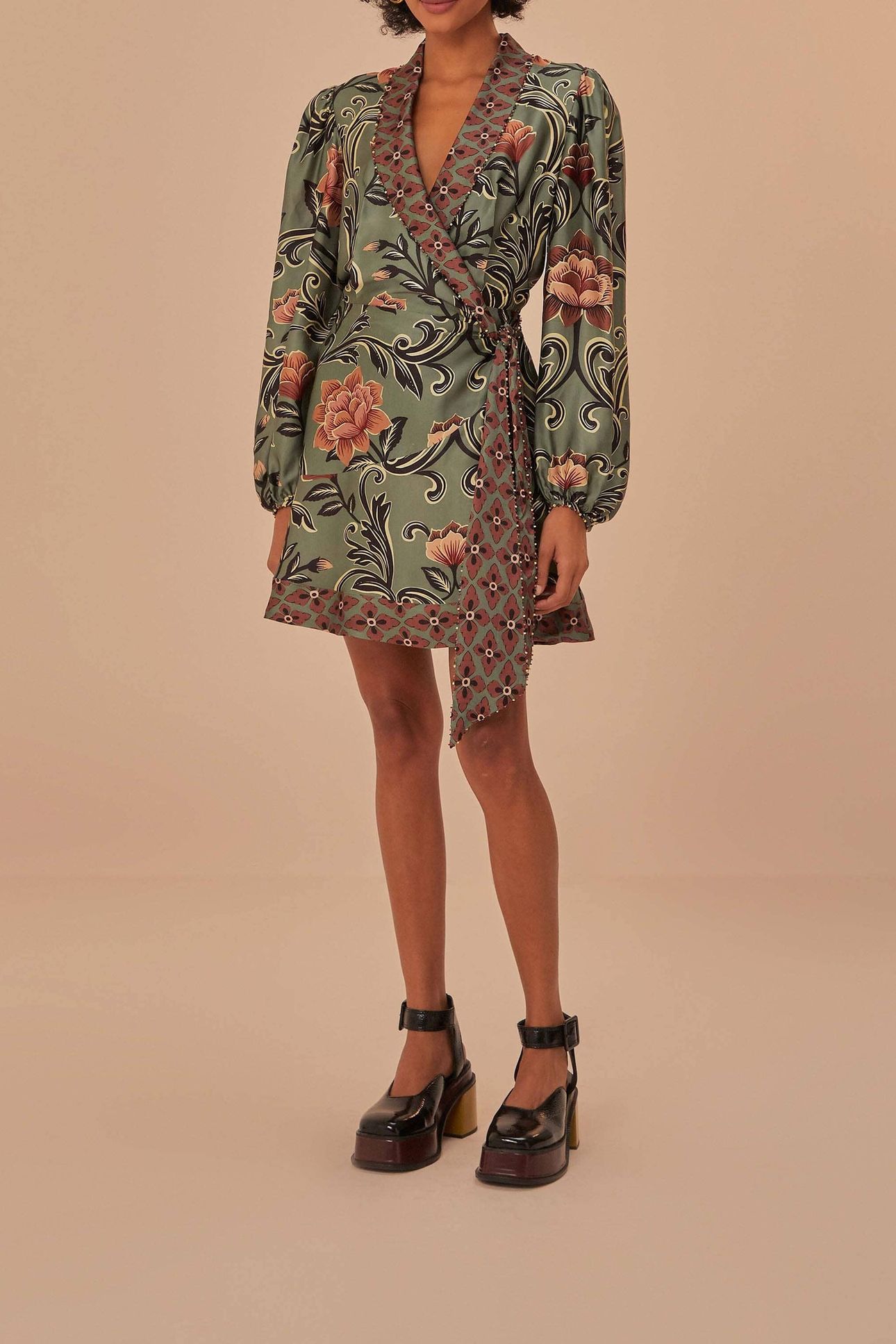 ARABESQUE FLORAL GREEN LONG SLEEVE MINI DRESS 1