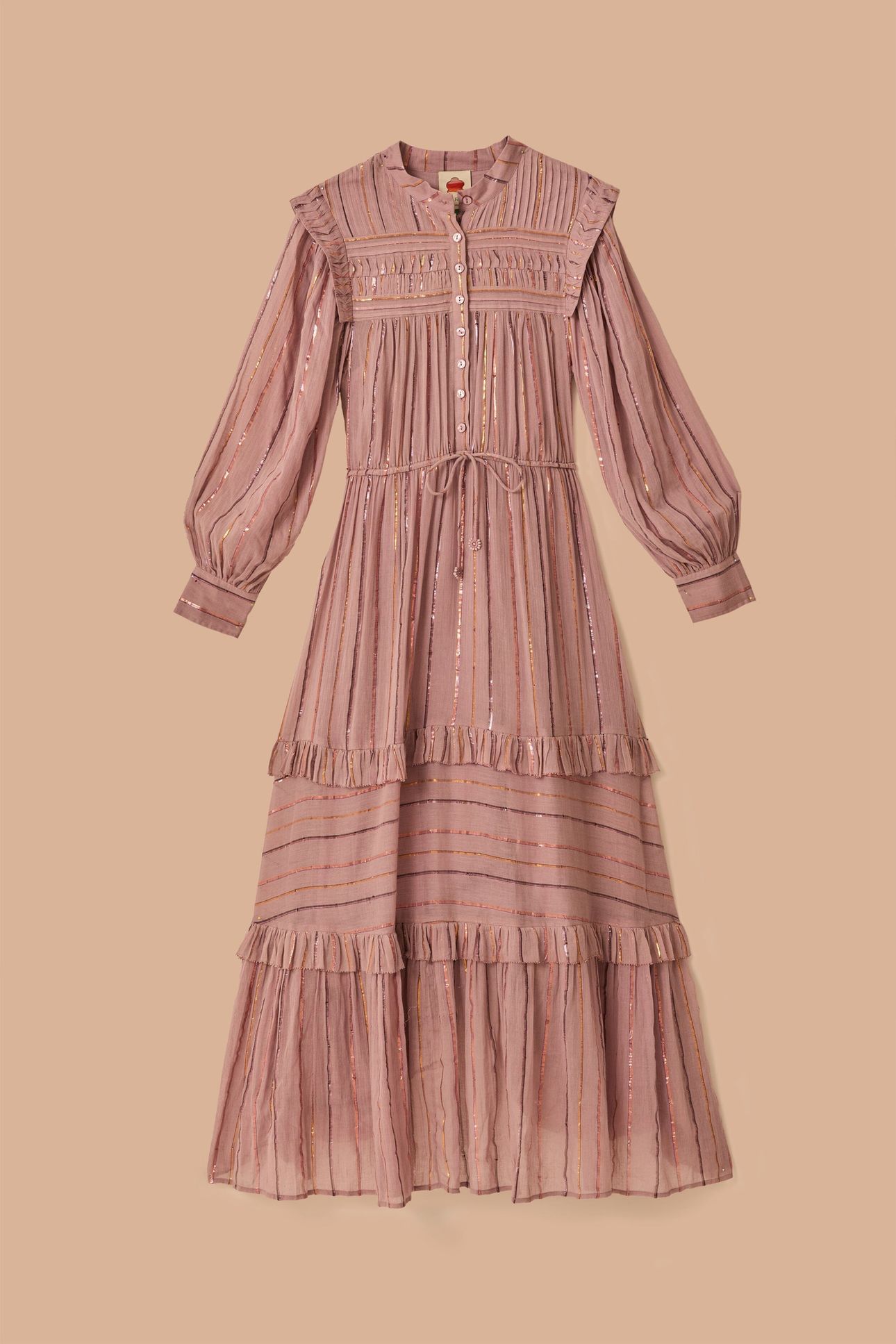 LIGHT PINK PLEATED YOKE TIERED MAXI DRESS 3