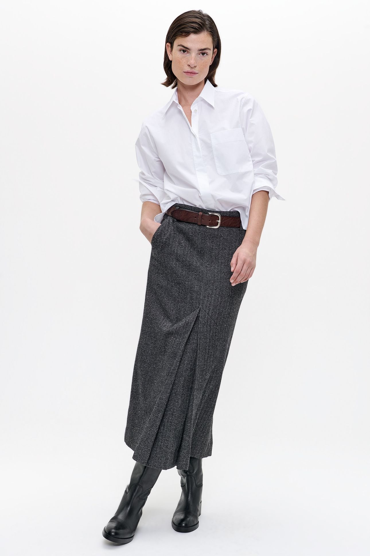 WOOL HERRINGBONE LONG SKIRT BLACK 1