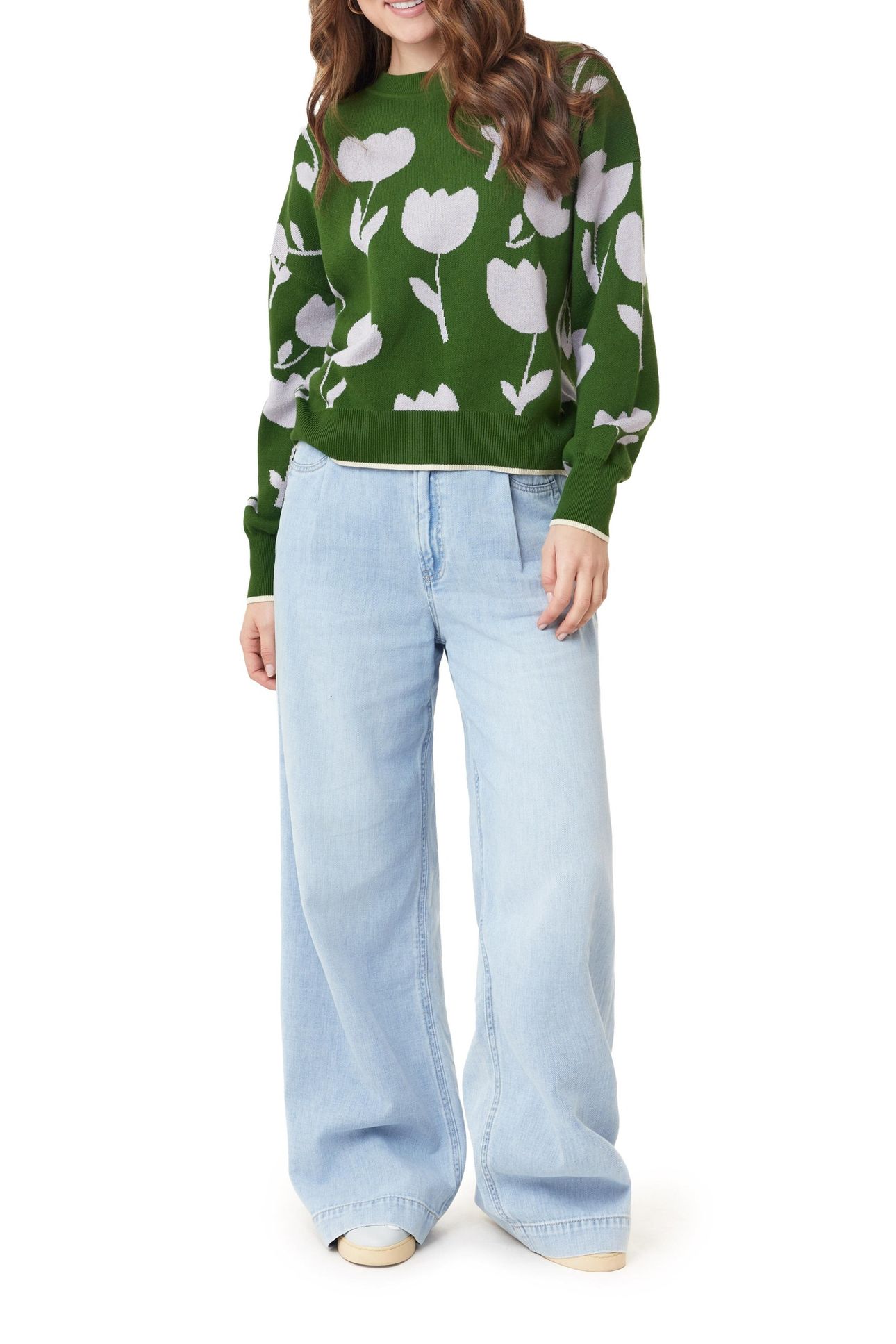 CREW NECK PULLOVER GREEN MOSS TOSSED TULIPS 2