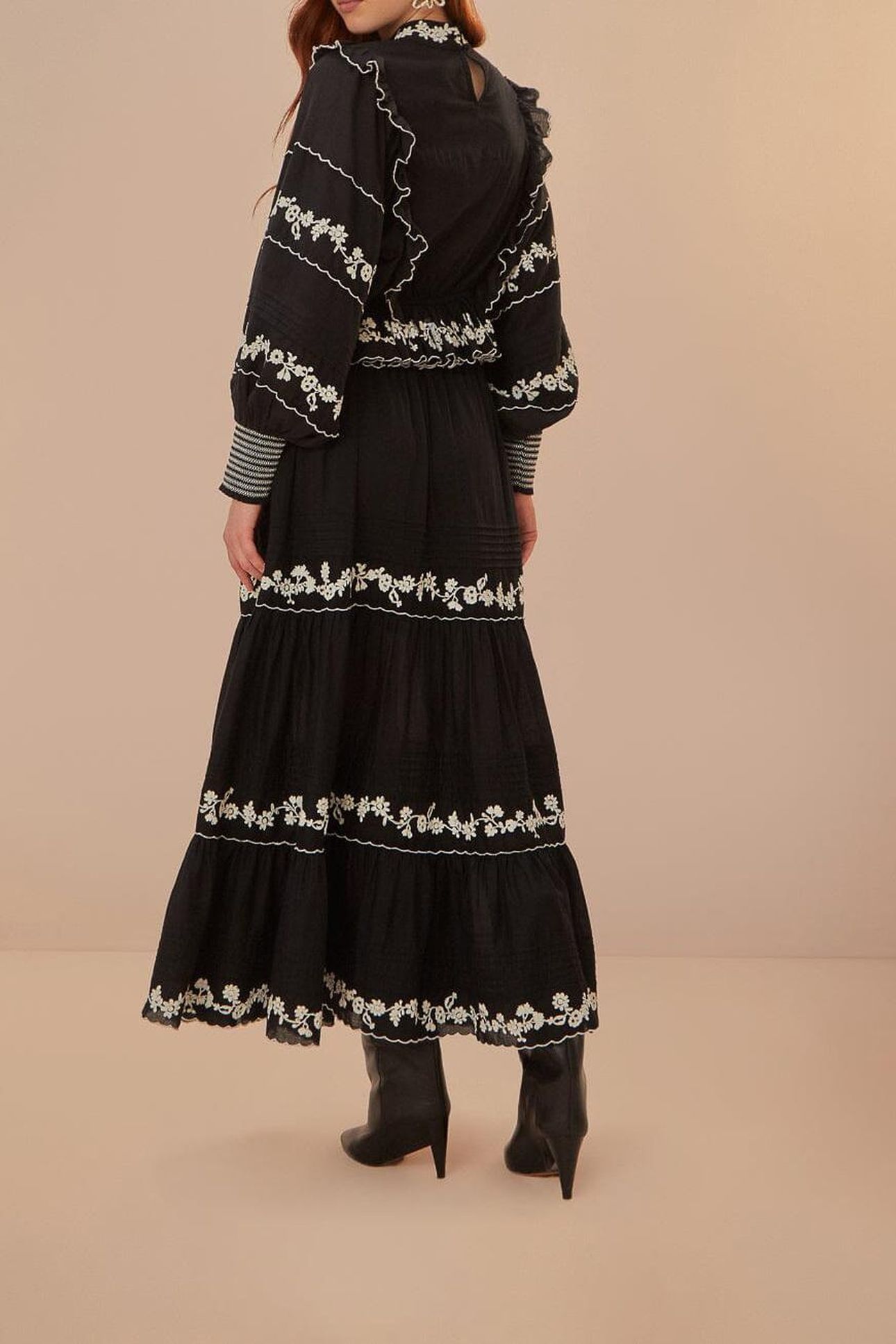 BLACK EMBROIDERED RUFFLED MAXI SKIRT 2