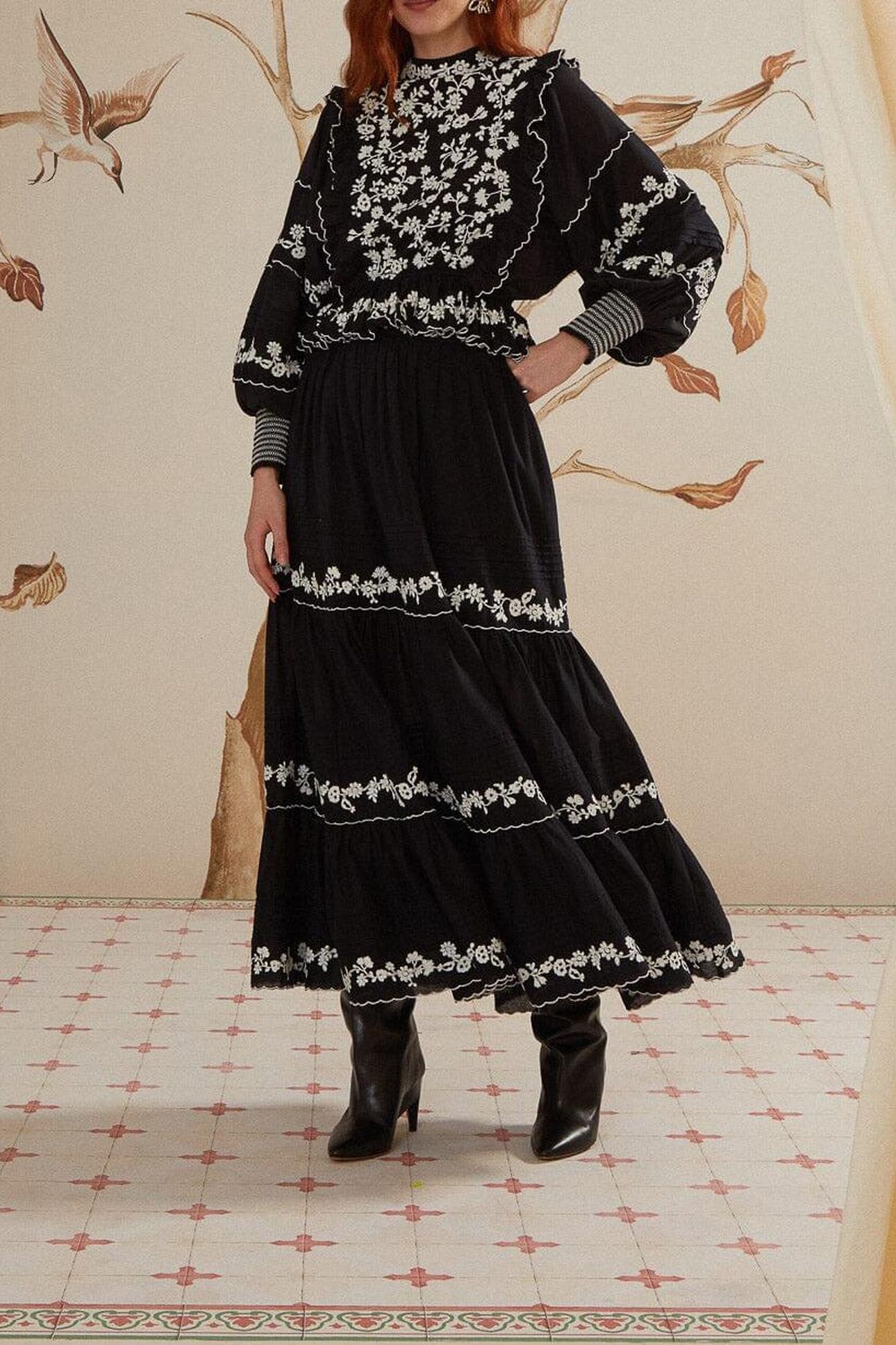 BLACK EMBROIDERED RUFFLED MAXI SKIRT 4