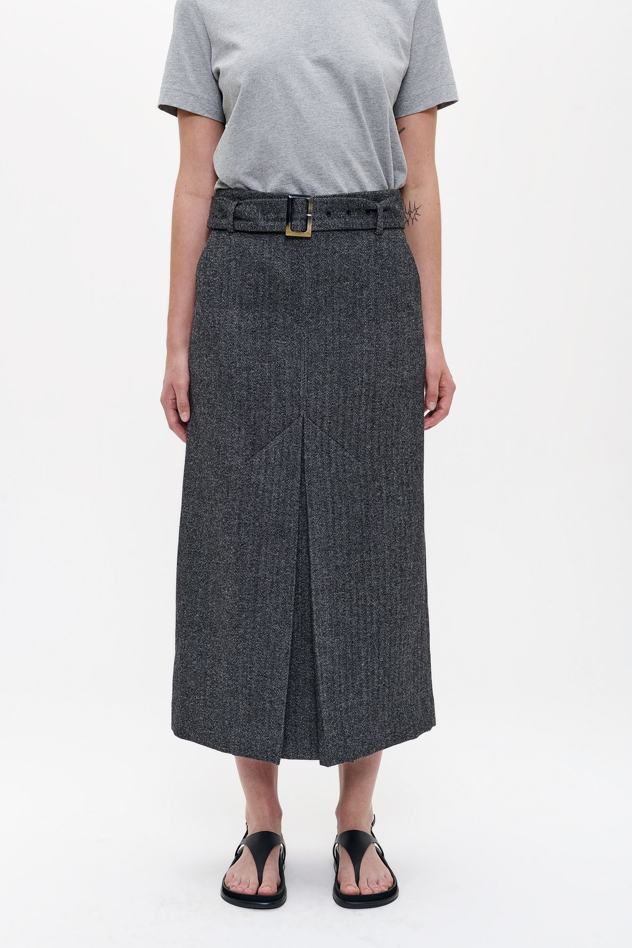 WOOL HERRINGBONE LONG SKIRT BLACK 2