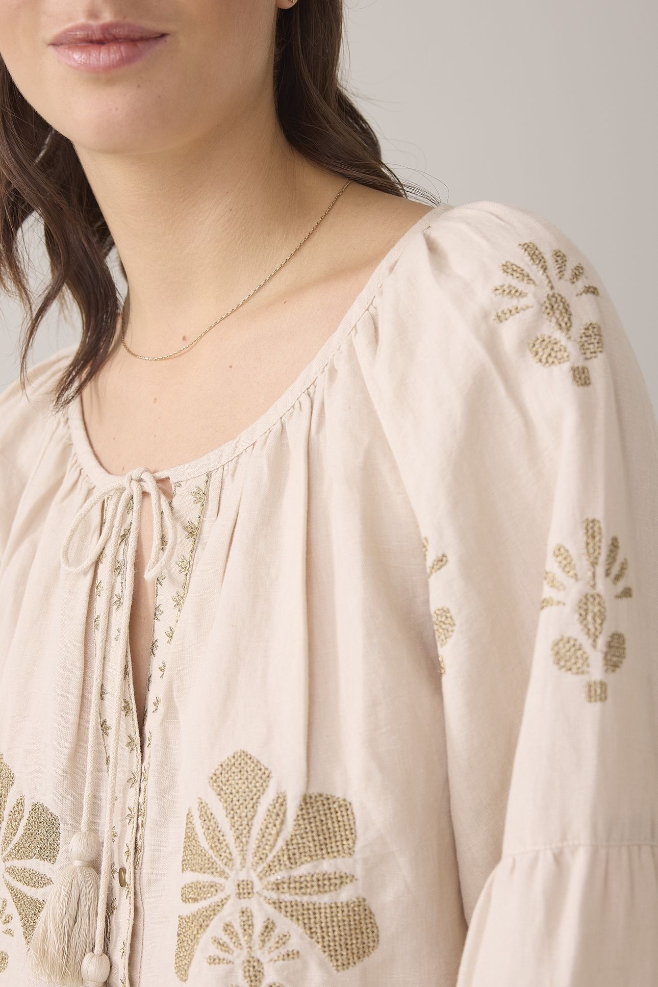 LONG SLEEVE TOP LINEN HEAVY EMBROIDERY PEBBLE BEIGE 4