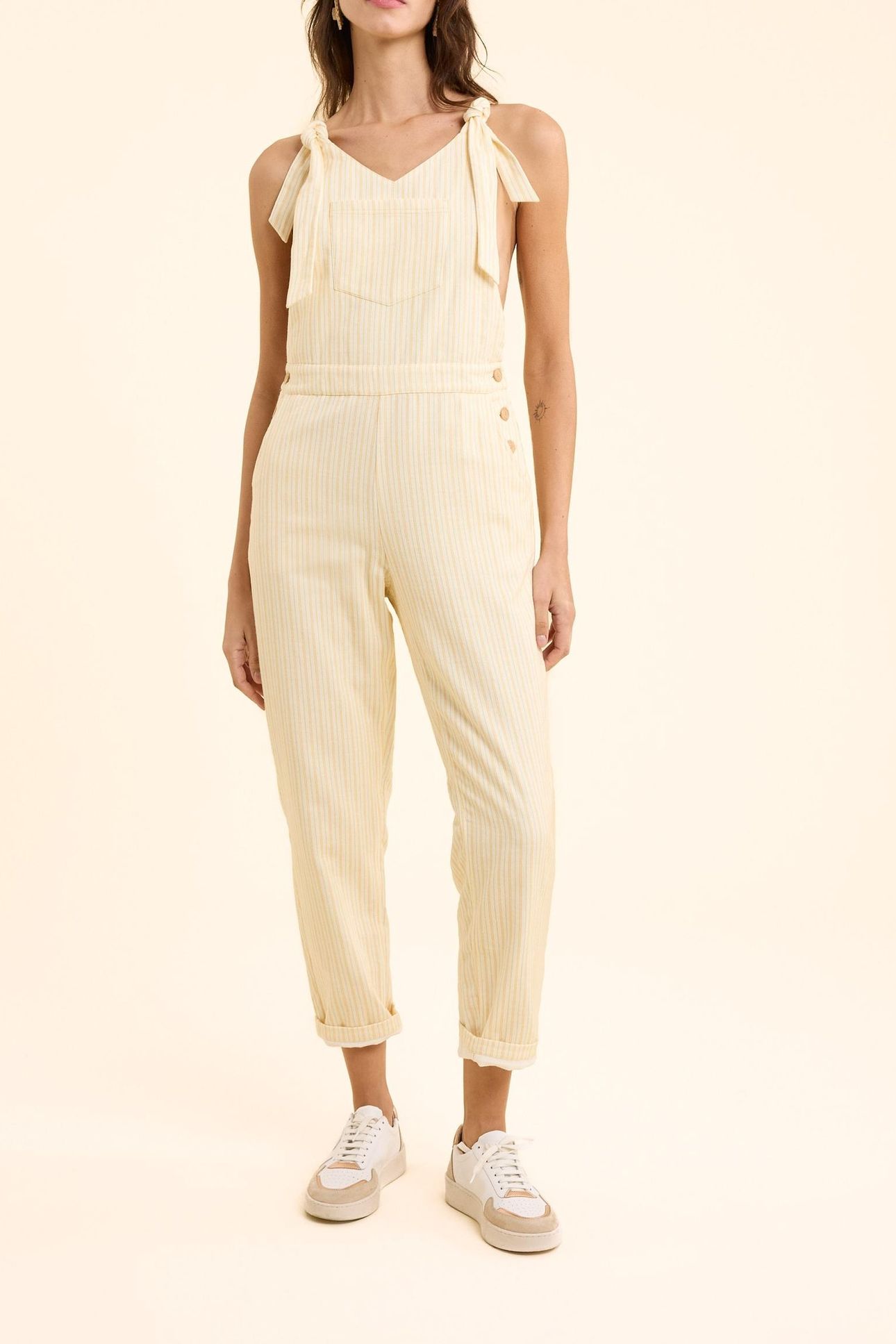 ECRU DENIM DUNGAREES WITH YELLOW STRIPES ECRU 1