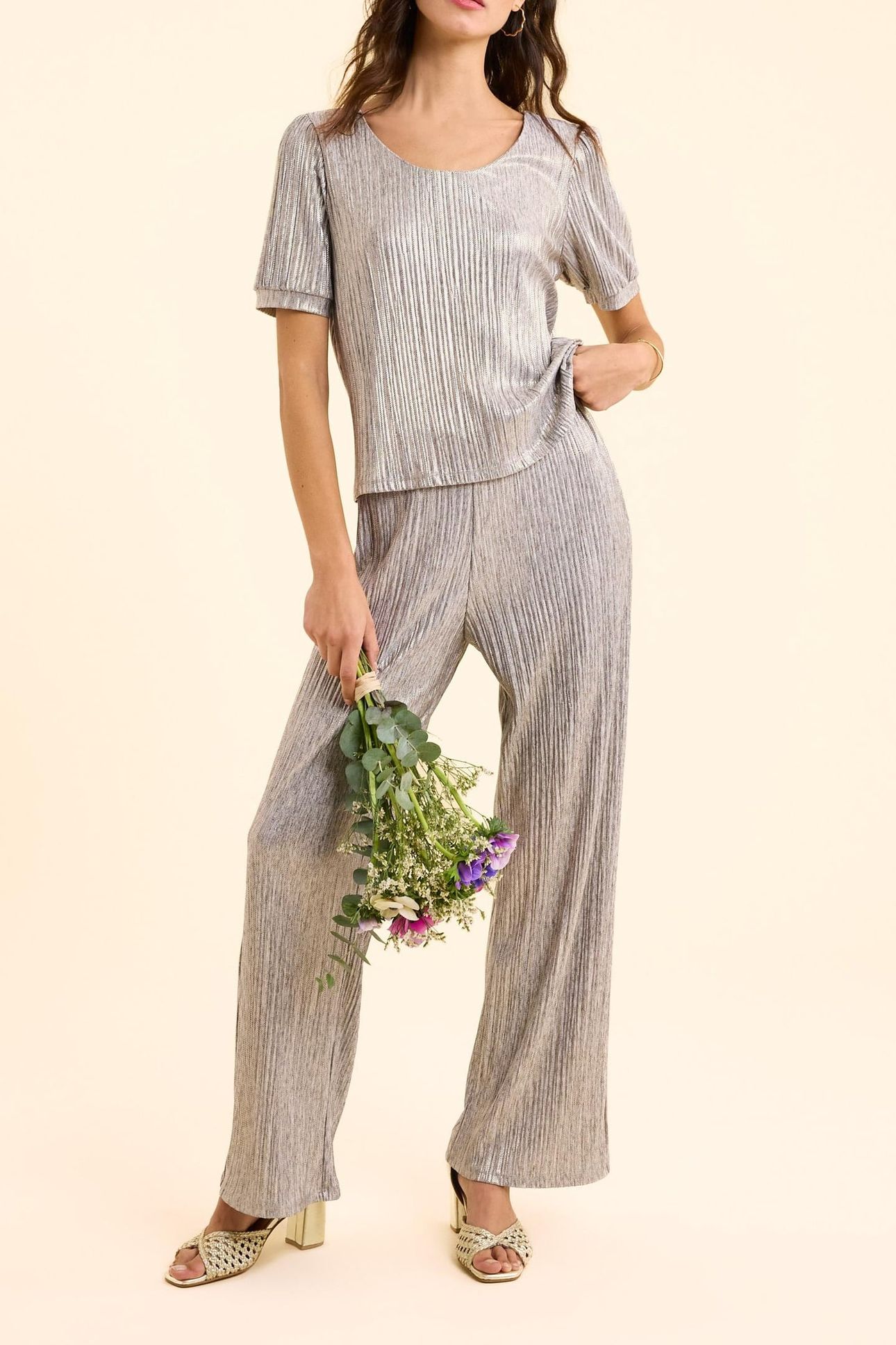 GREY PLEATED TROUSERS, DECORATIVE GOLD STRIPES GOLD 1