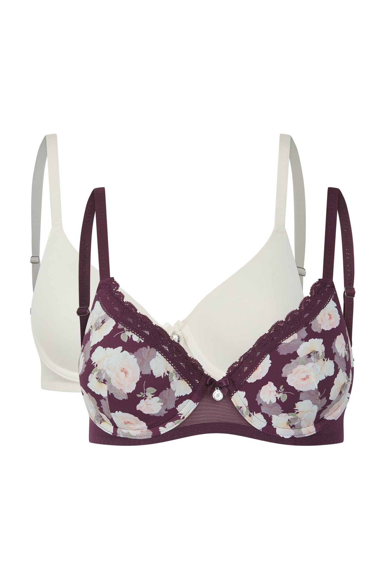 JUDITH 2 PK SOLID & ROSE PRINT T-SHIRT BRAS BERRY FLORAL/ WH 1