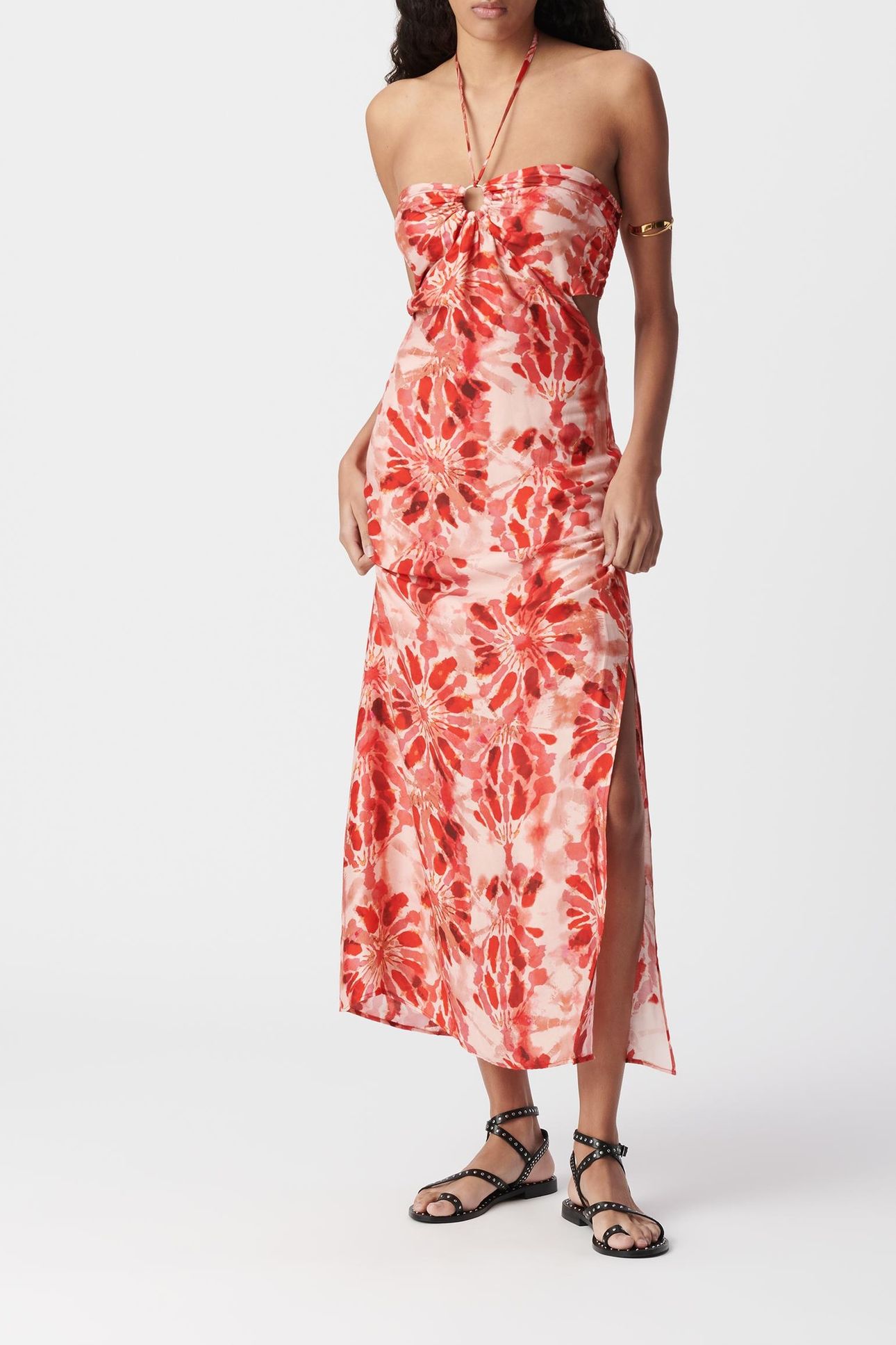 RED LONG DRESS WITH BATIK PRINT AND OPEN BACK 1