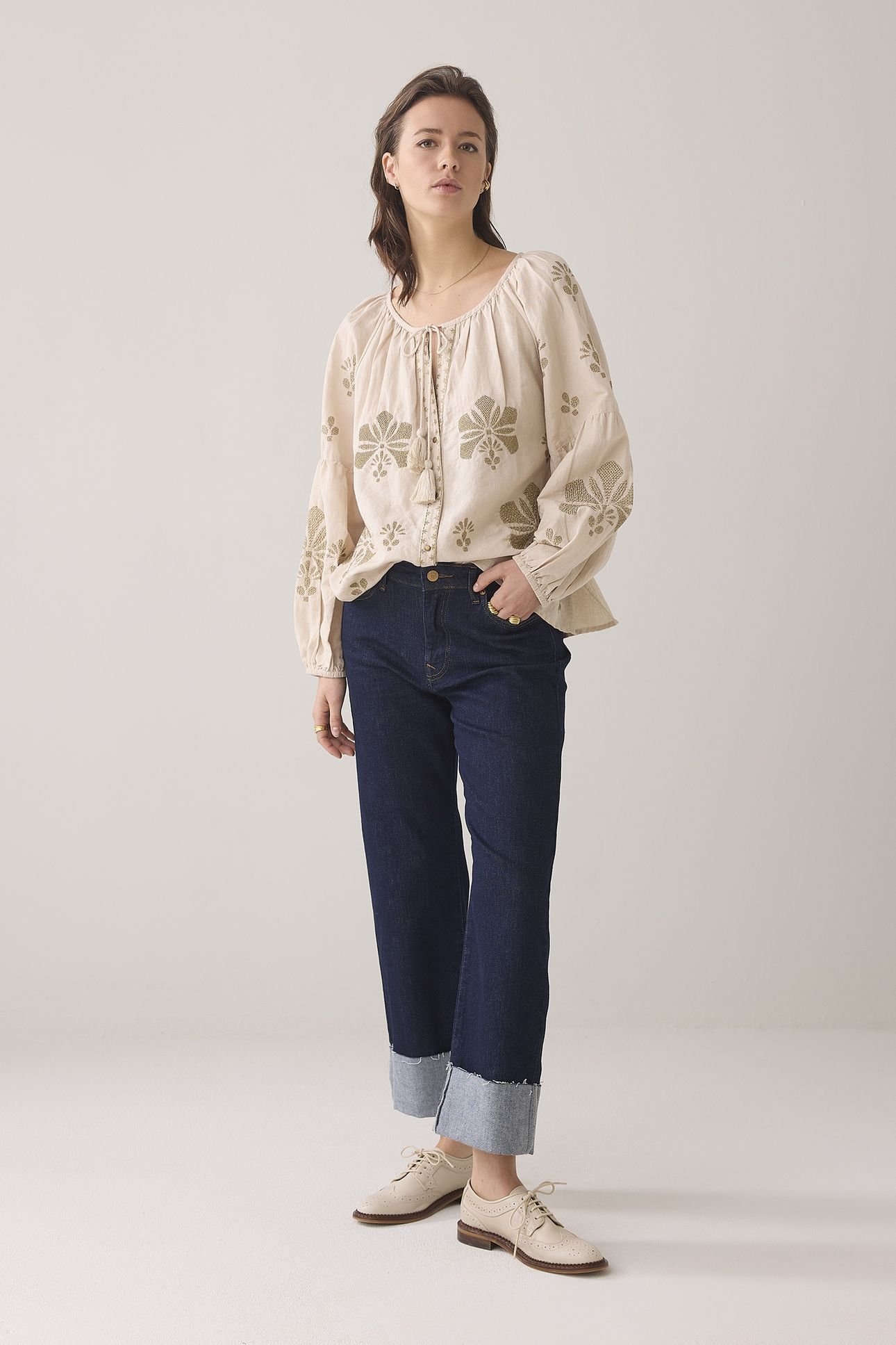 LONG SLEEVE TOP LINEN HEAVY EMBROIDERY PEBBLE BEIGE 1