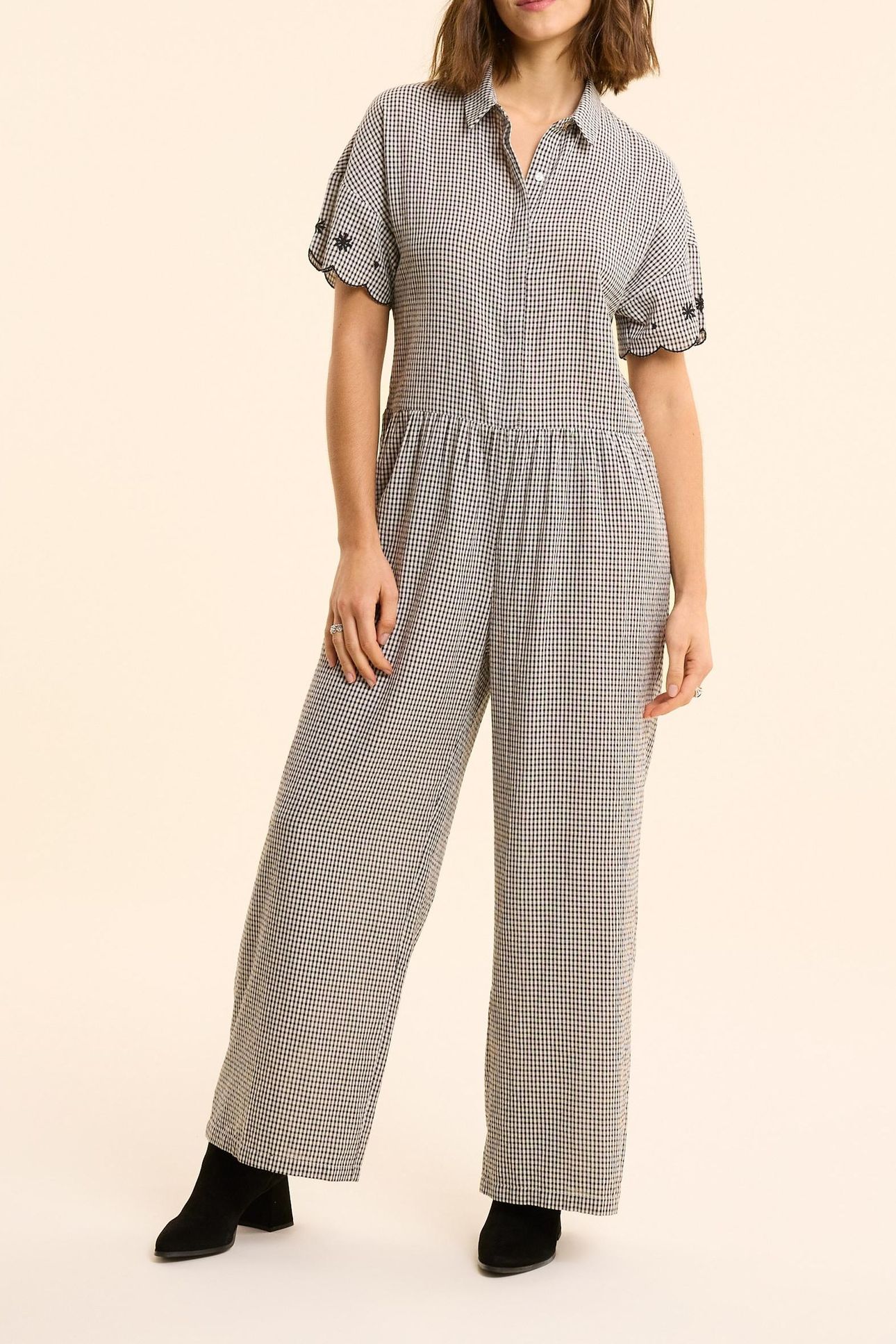 GINGHAM PATTERN TROUSER SUIT WITH EMBROIDERY ECRU 1