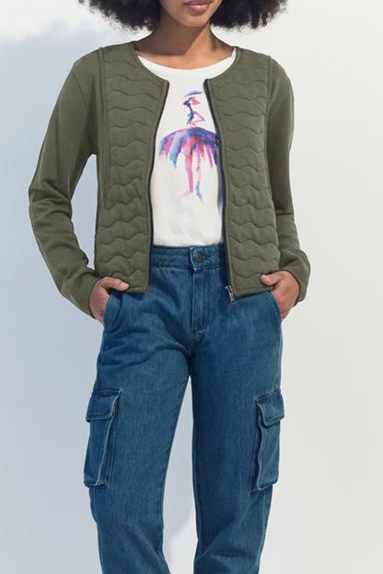MARINO - KHAKI ZIPPED QUILTED KNIT CARDIGAN 3