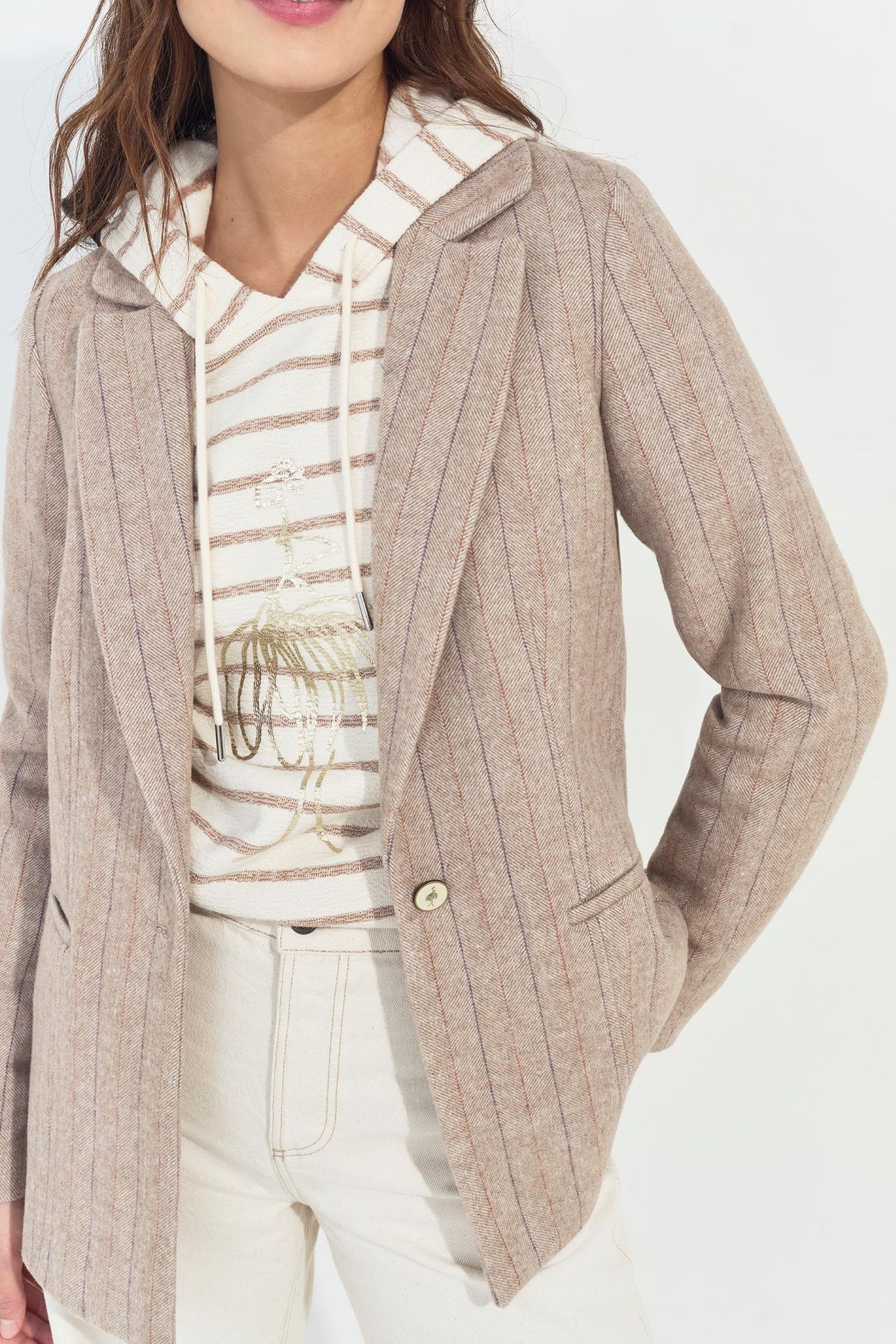 VICKI - BEIGE WOOL JACKET WITH STRIPED HERRINGBONE PATTERN 3