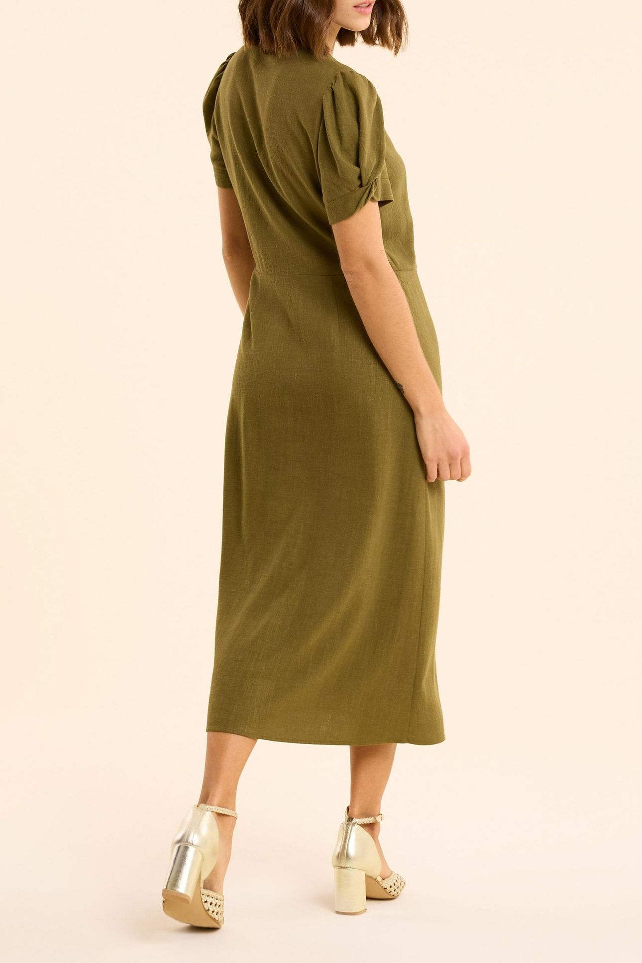KHAKI LINEN BLEND BUTTONED MIDI DRESS KHAKI 3