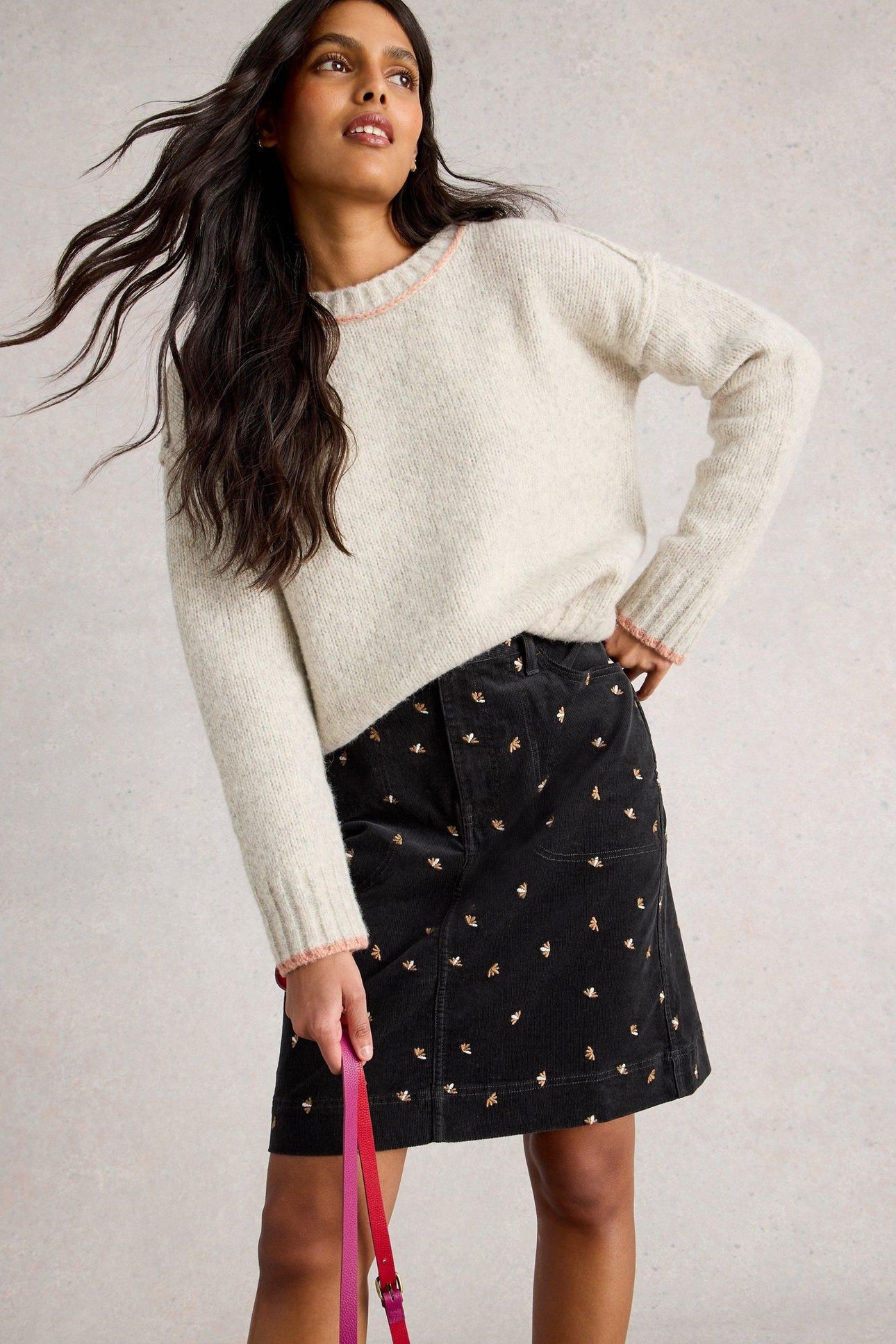 TIA EMBROIDERED CORD SKIRT GREY MULTI 2