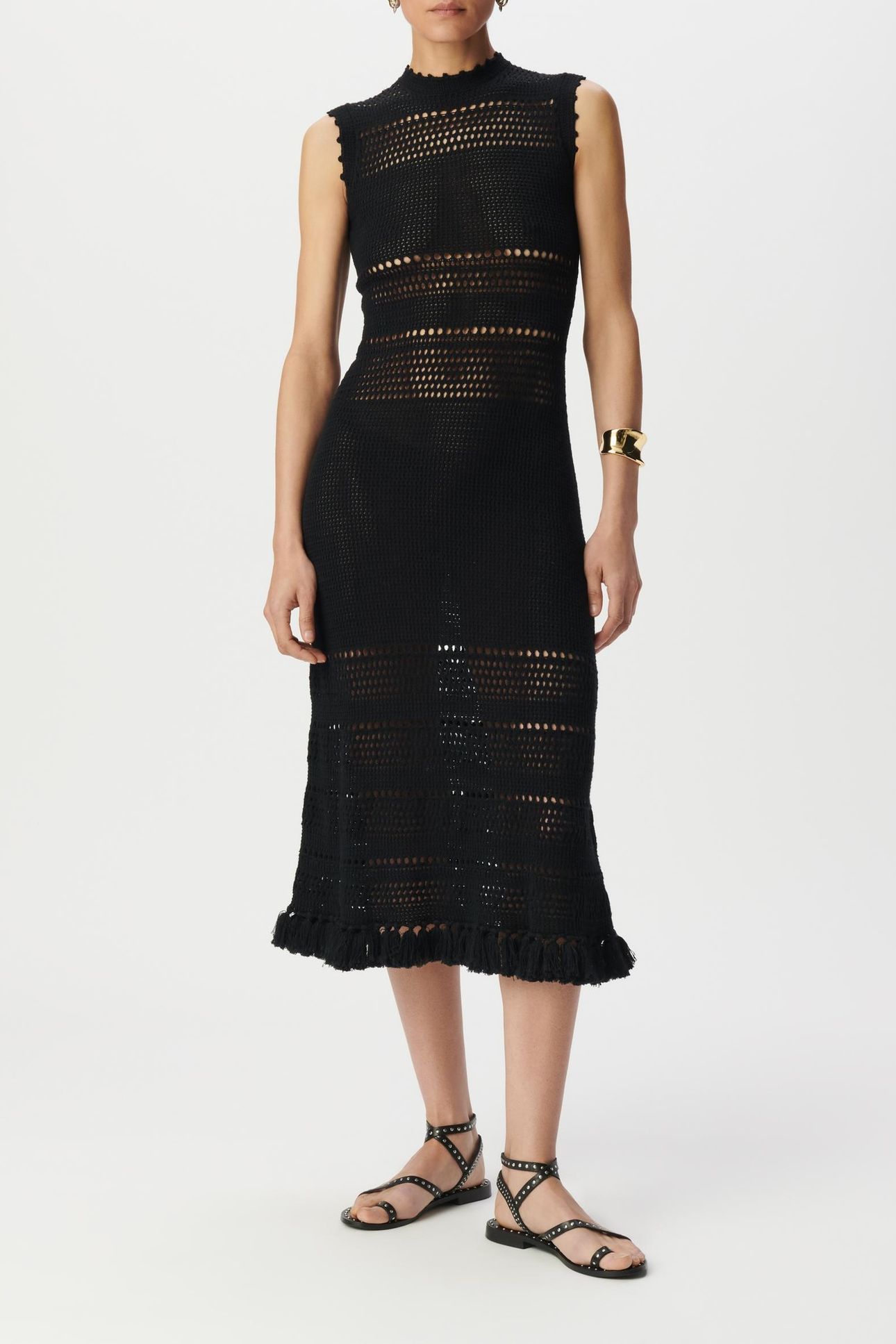 BLACK CROCHET-STYLE KNIT MIDI DRESS 1