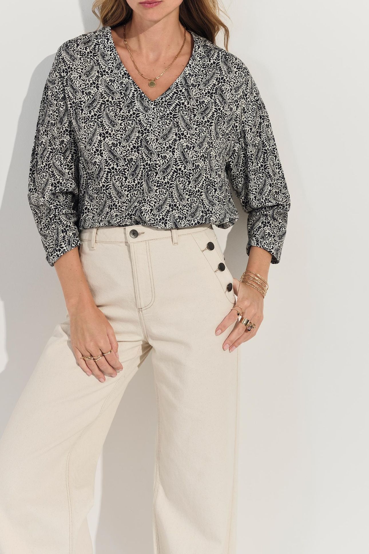 CERES - BLACK BLOUSE WITH NEO CASHMERE PRINT 1