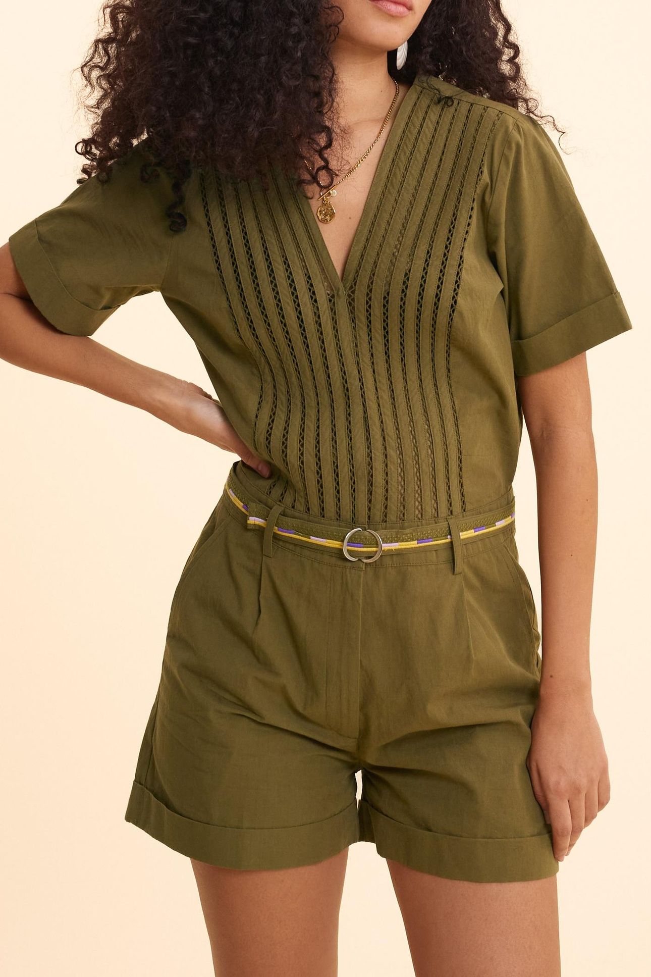 KHAKI PLAYSUIT WITH EMBROIDERED BELT KHAKI 1