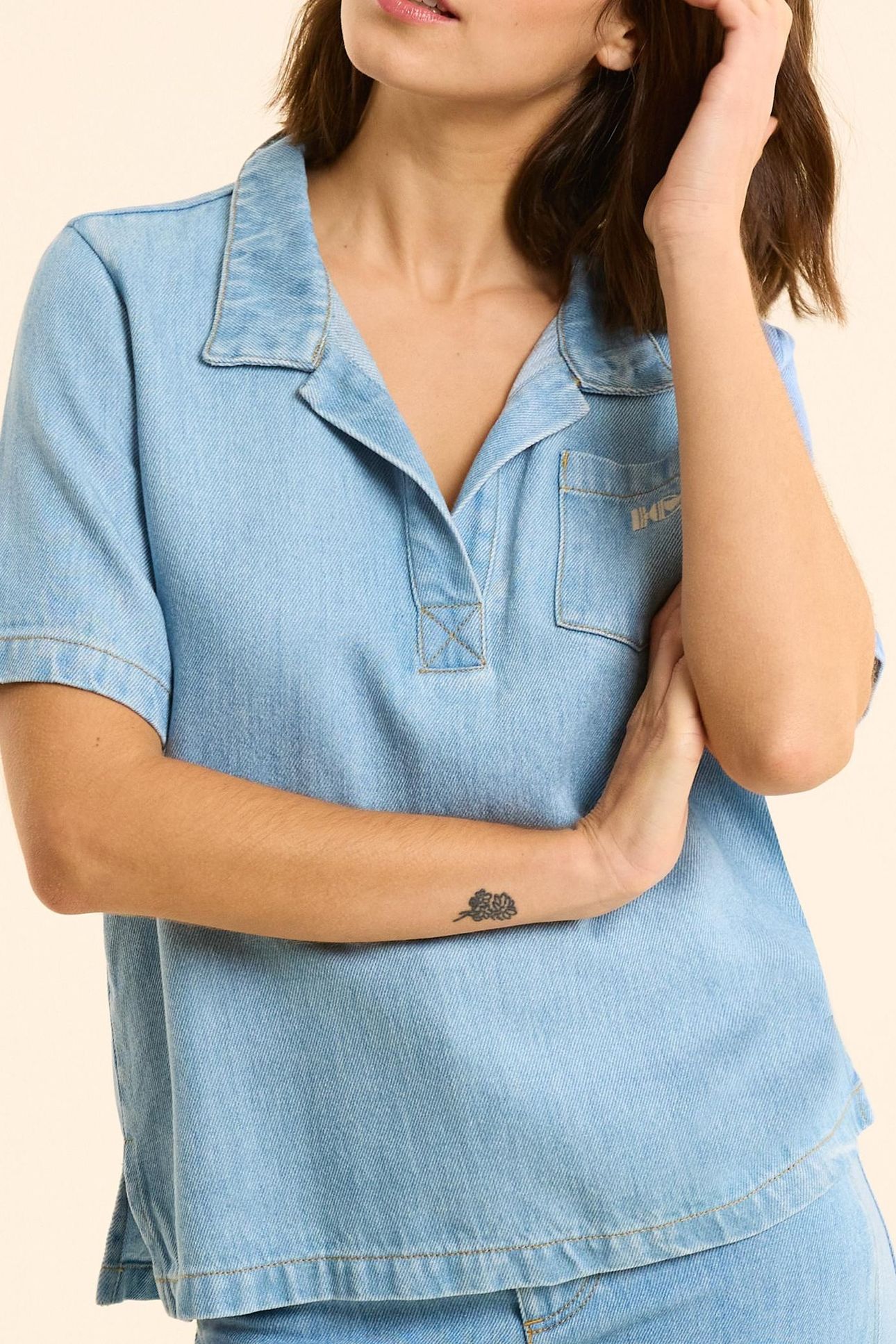 BLUE DENIM PEA JACKET-STYLE TOP BLEACH 5