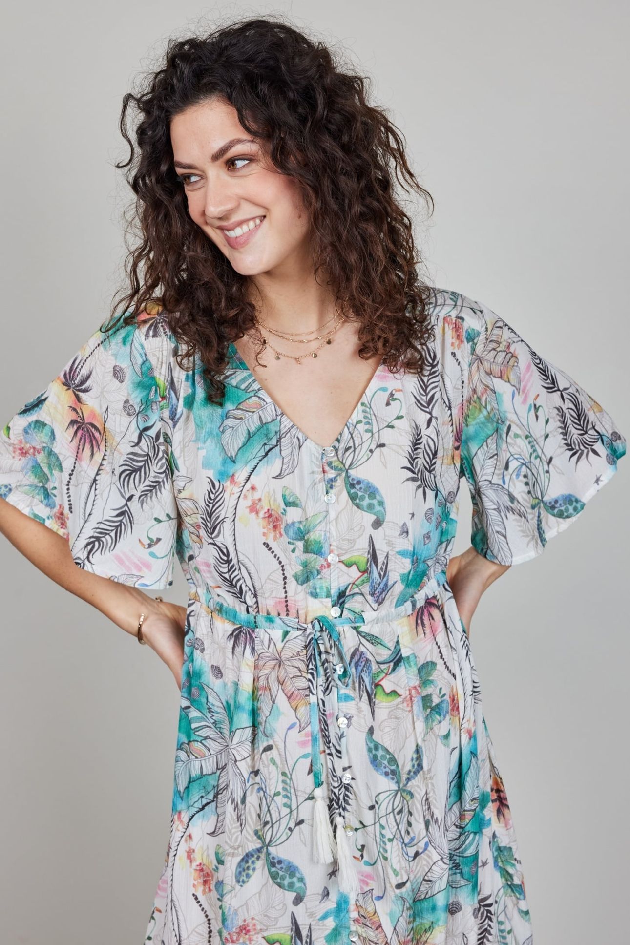 MAXI DRESS JAZZY IN OFFWHITE WITH PALM FESTIVAL PRINT 1