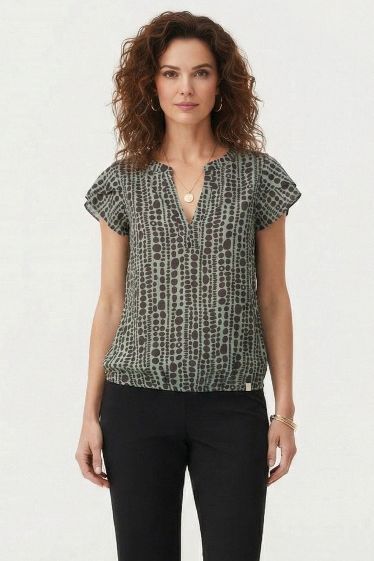 BLOUSE FLARE IN GRANITE GREEN WITH DOTS IS A ROW PRINT 1