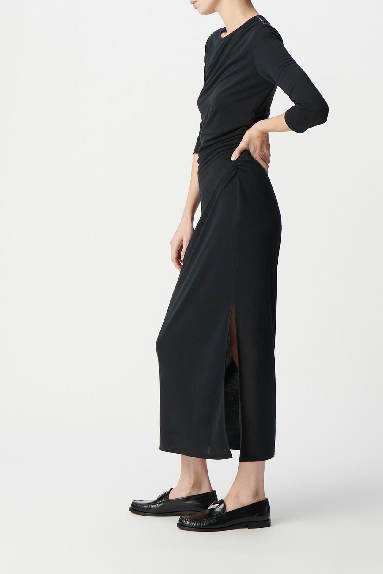 GATHERED BLACK EVENING DRESS WITH RHINESTONE SHOULDERS 3